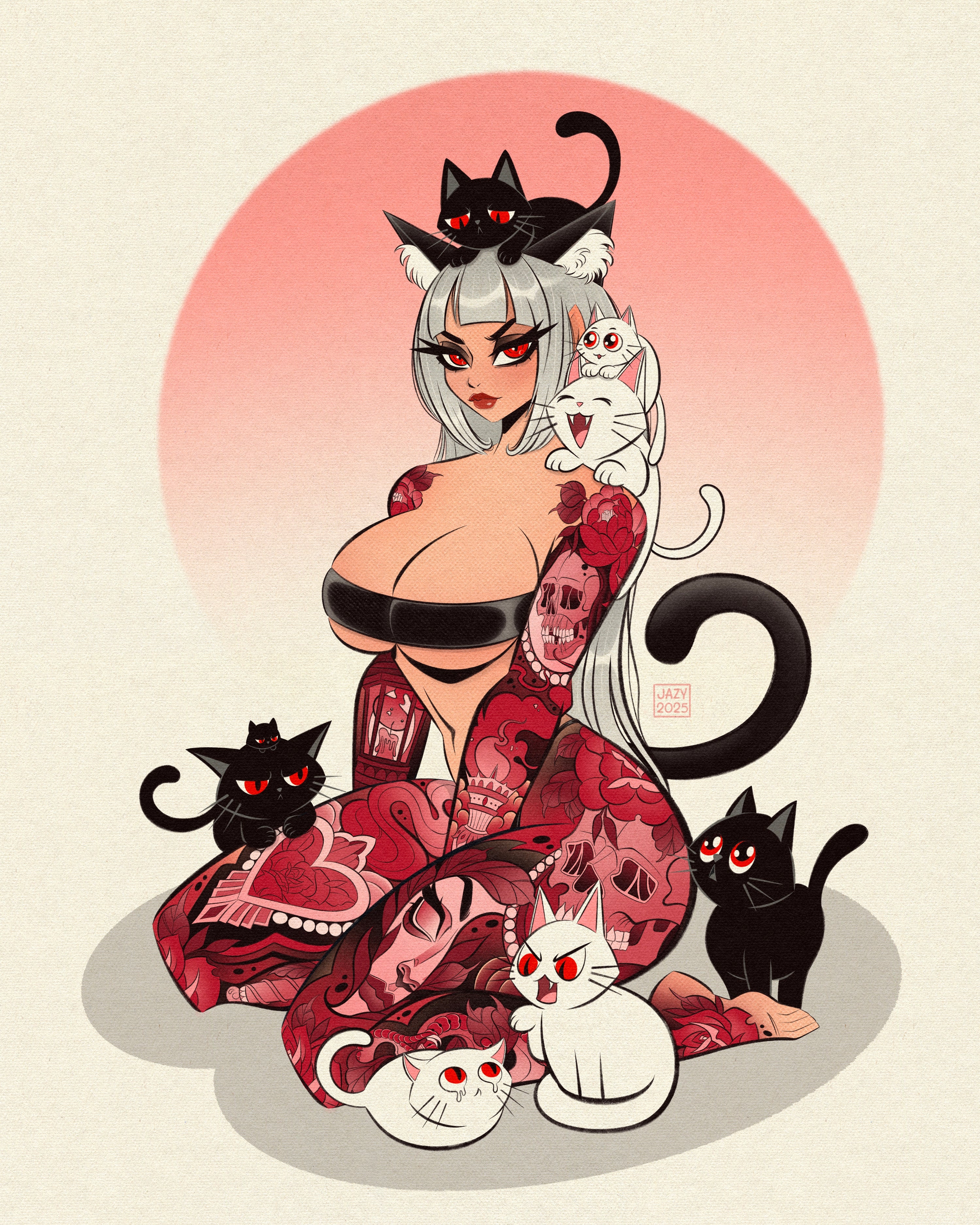 tattooed pinup with cats print by bloodknotcollective