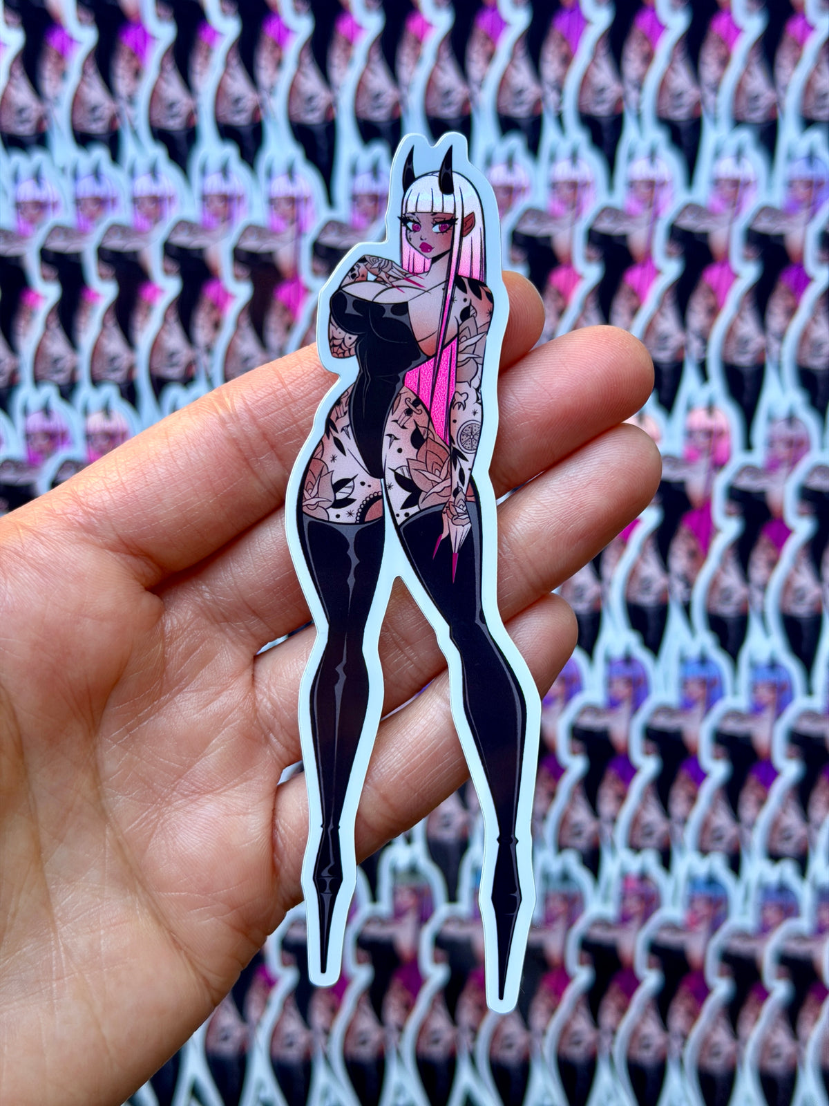 curvy devil pinup with pink hair and tattoos vinyl holographic sticker