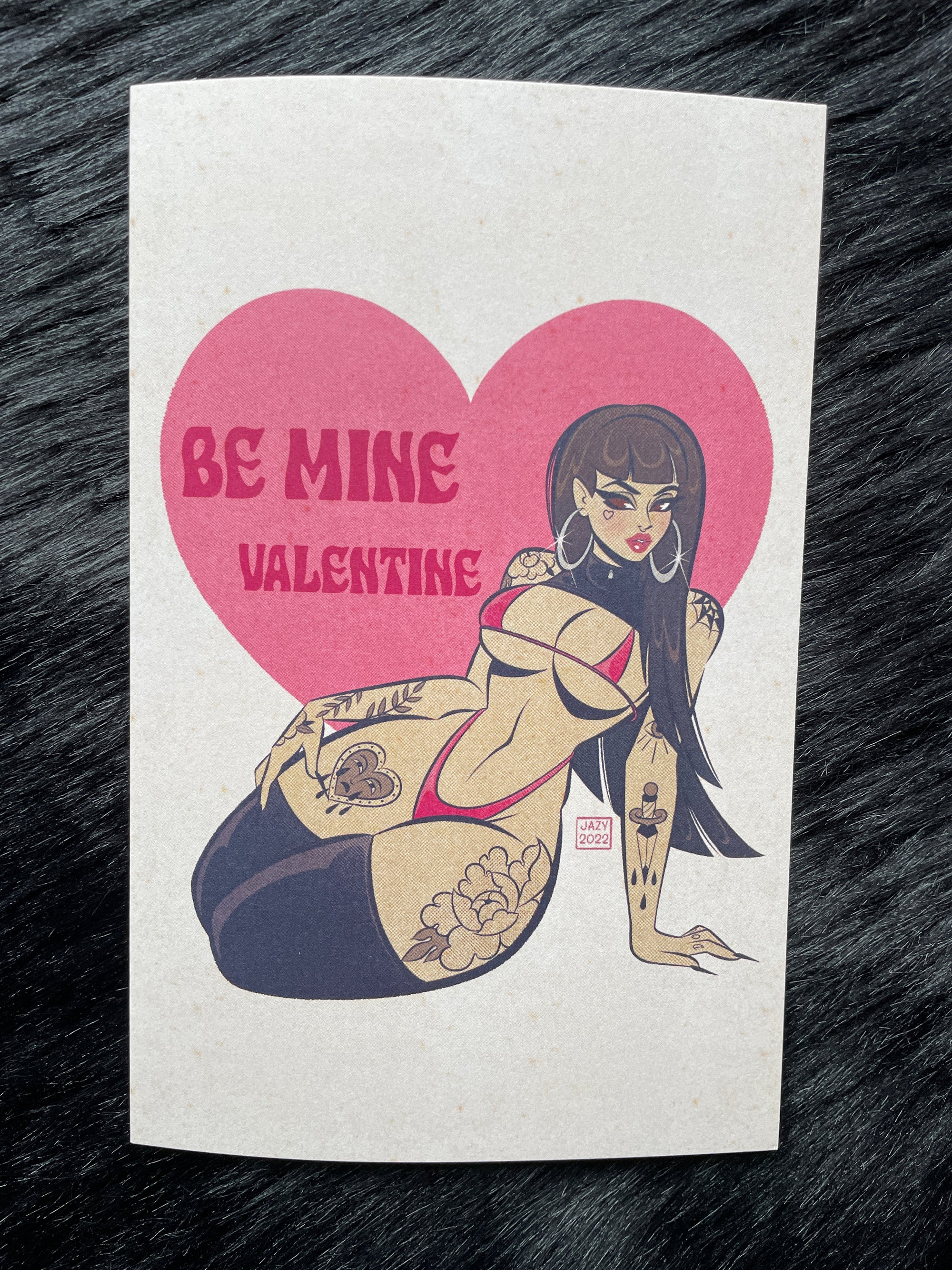 be mine card with heart and woman with tattoos by bloodknotcollective