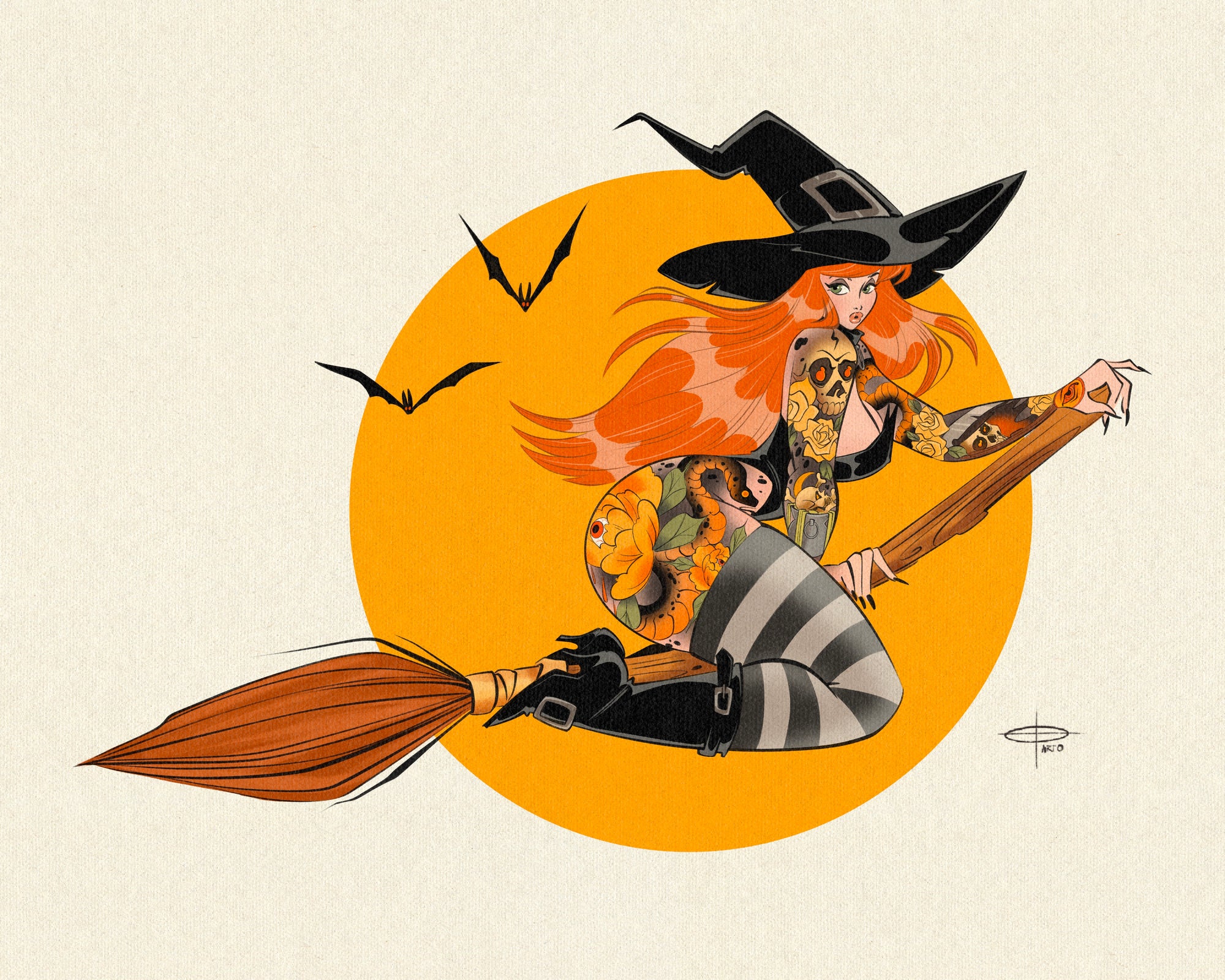 besom rider print of tattooed witch on broom with bats by bloodknotcollective