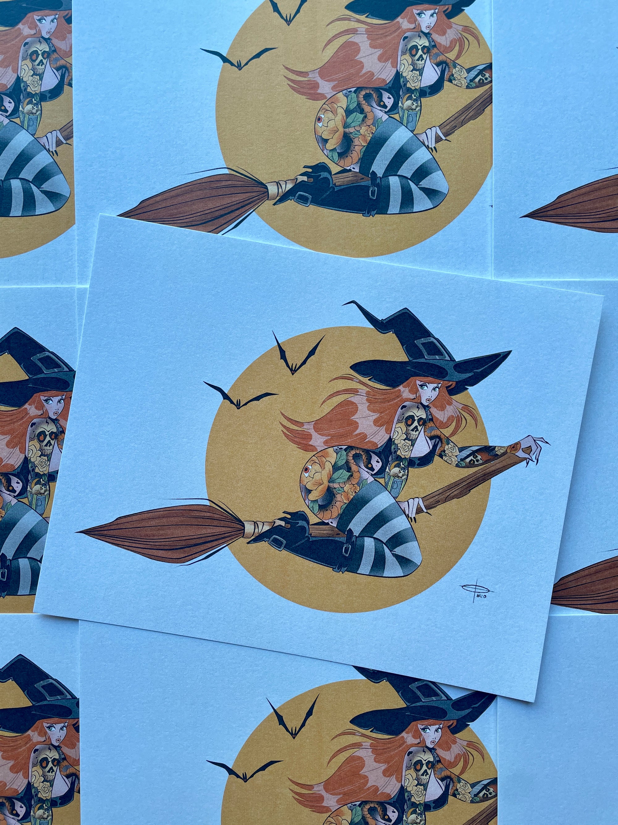 tattooed witch on broom by moon cotton print by bloodknotcollective