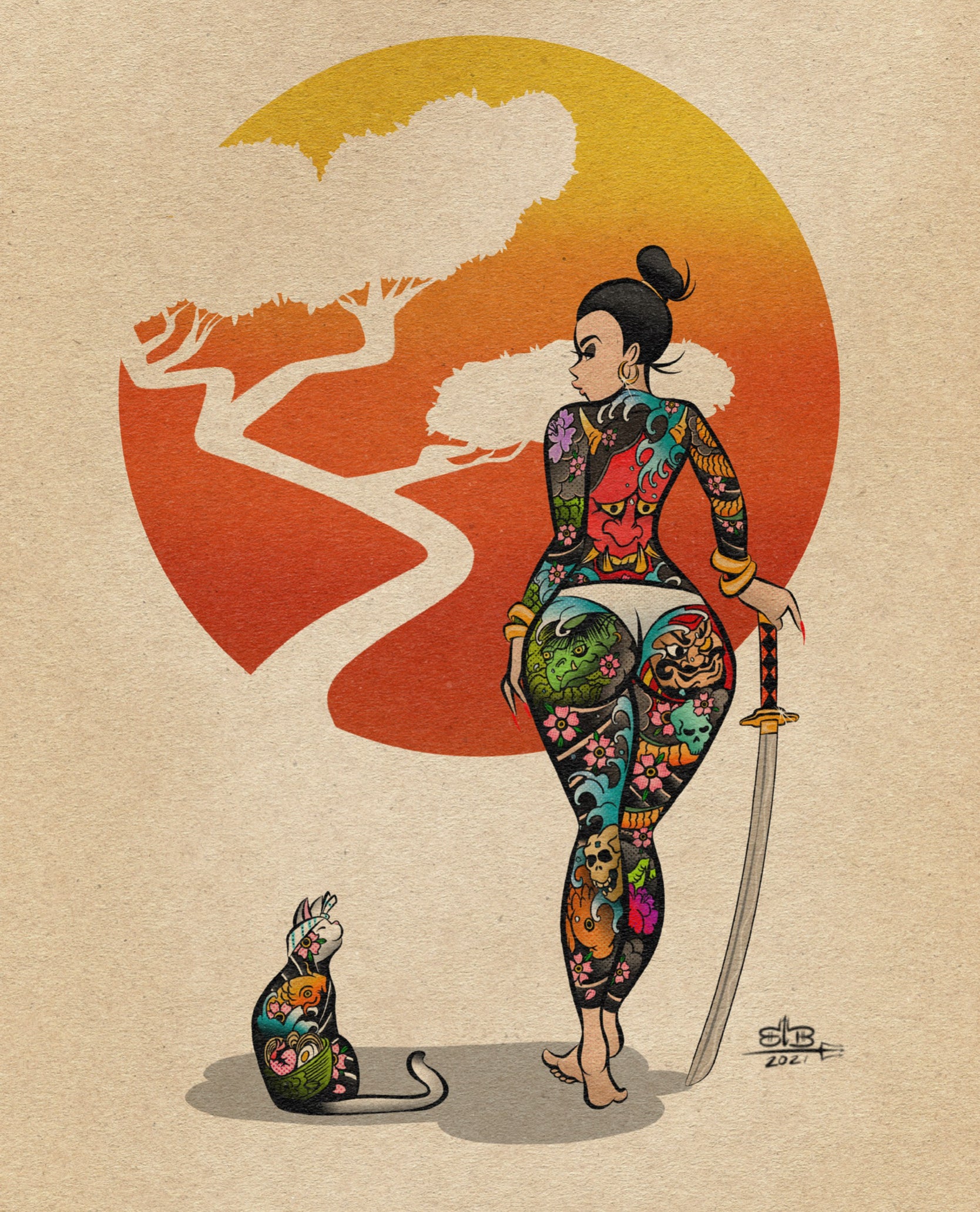 best friend print - woman with japanese tattoos standing next to cat. 