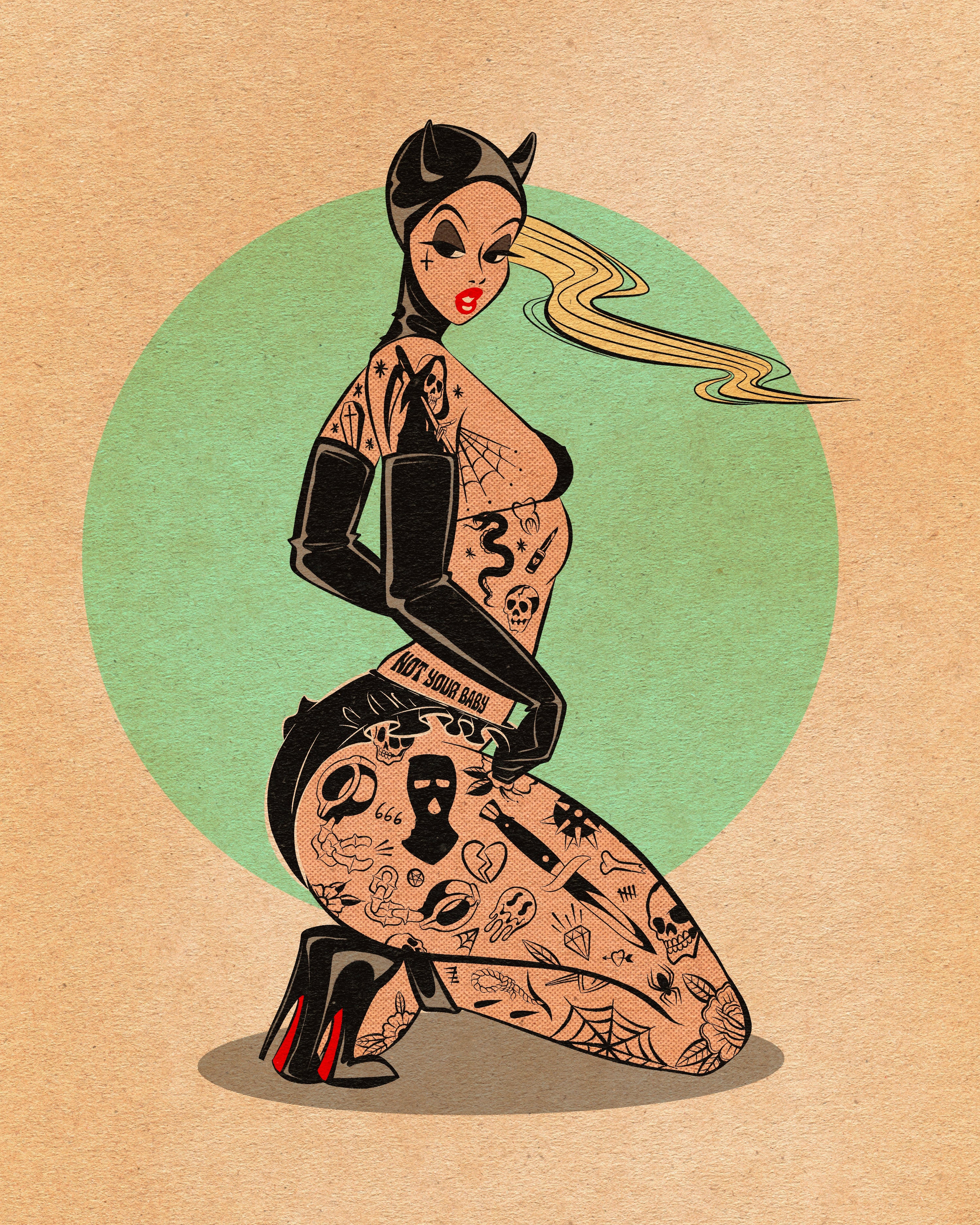 Black latex devil pinup print with traditional tattoos.