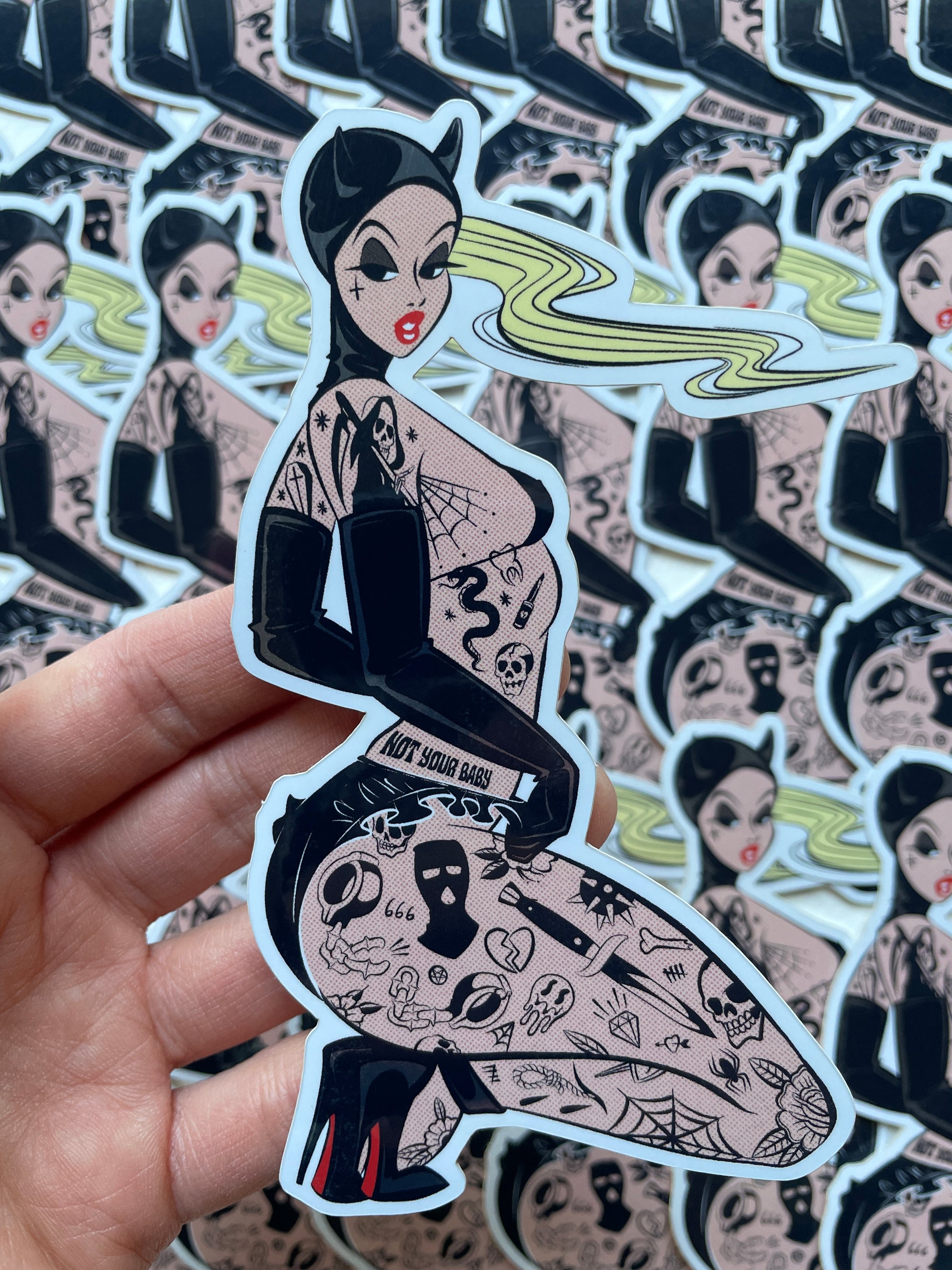 black latex devil with tattoos mirror vinyl sticker by bloodknotcollective
