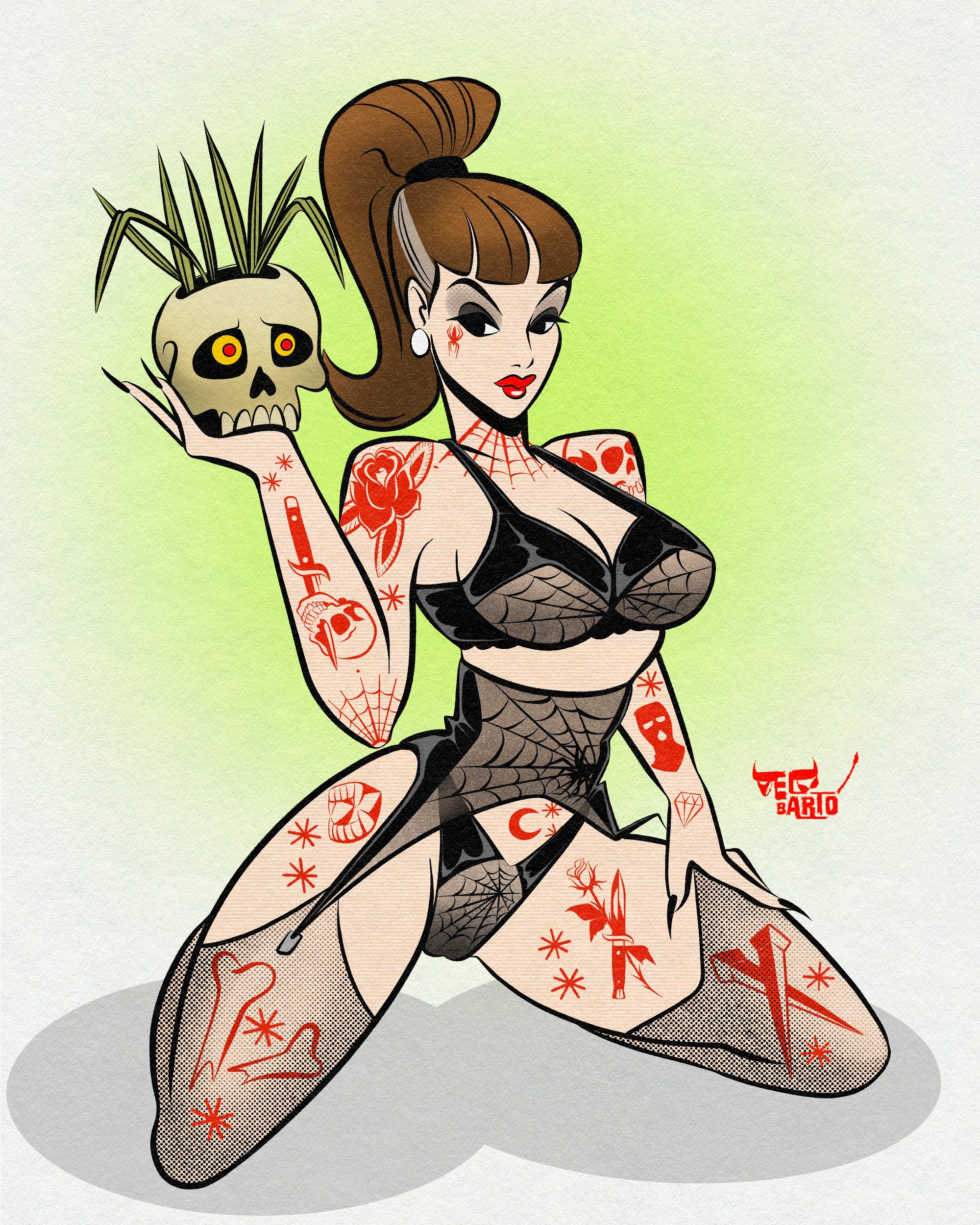 black widow print with tattooed woman holding skull plant in lingerie.