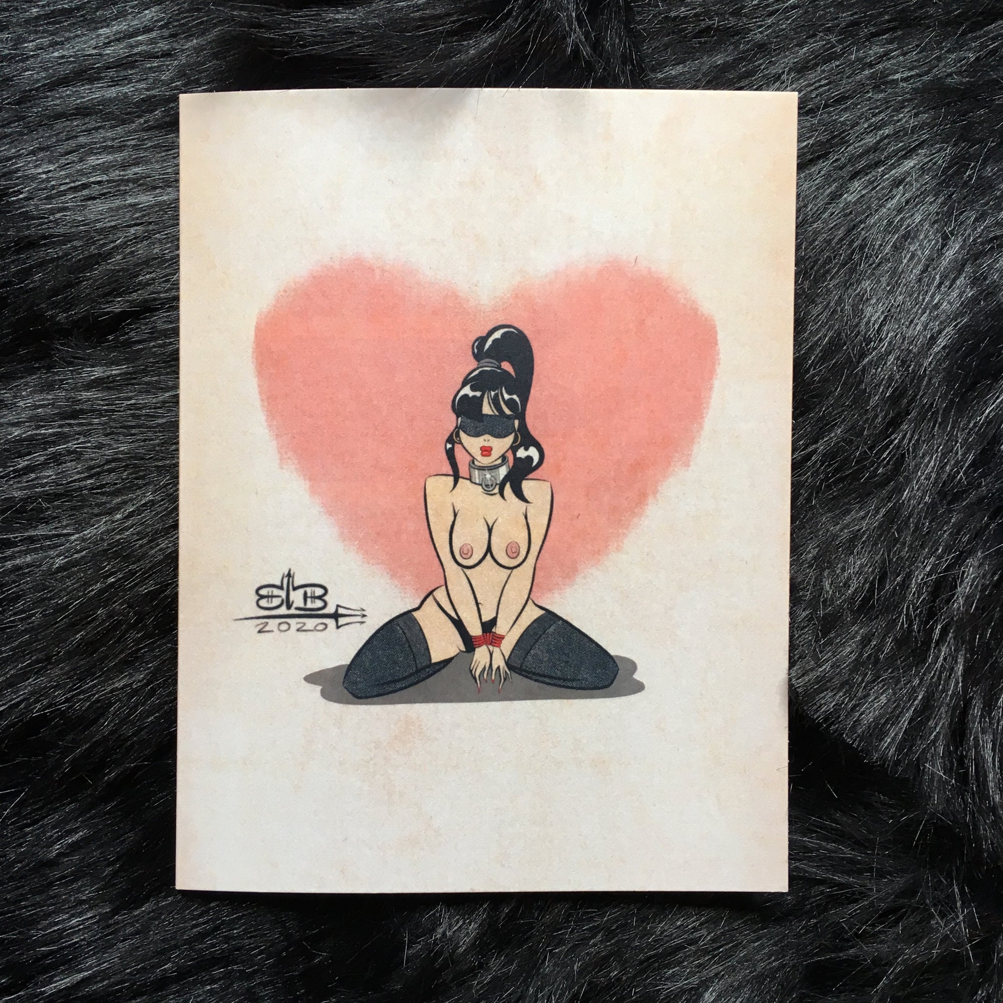 blindfold valentines day card of topless woman in blindfold by bloodknotcollective