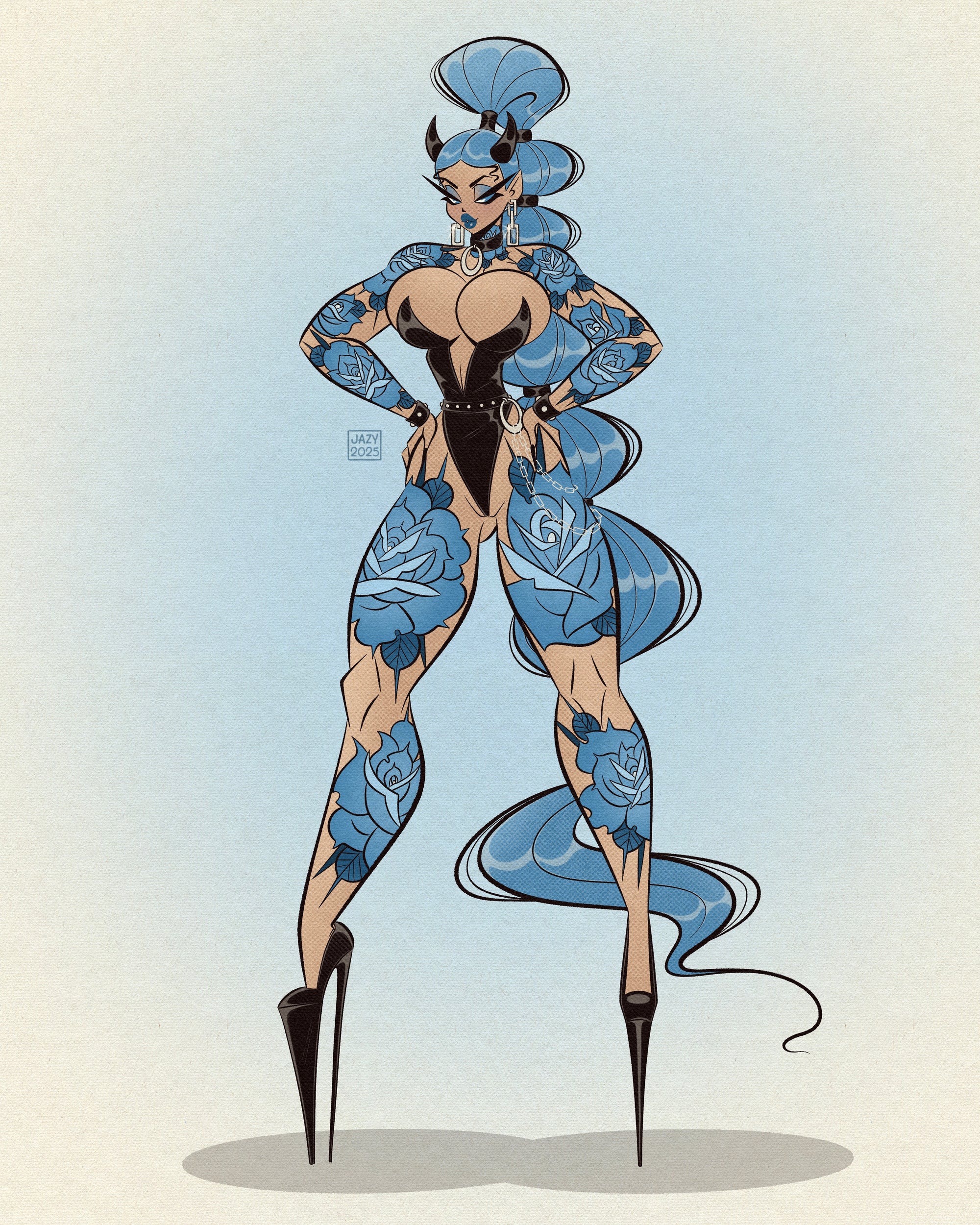 gothic blue demon with rose tattoos print by bloodknotcollective