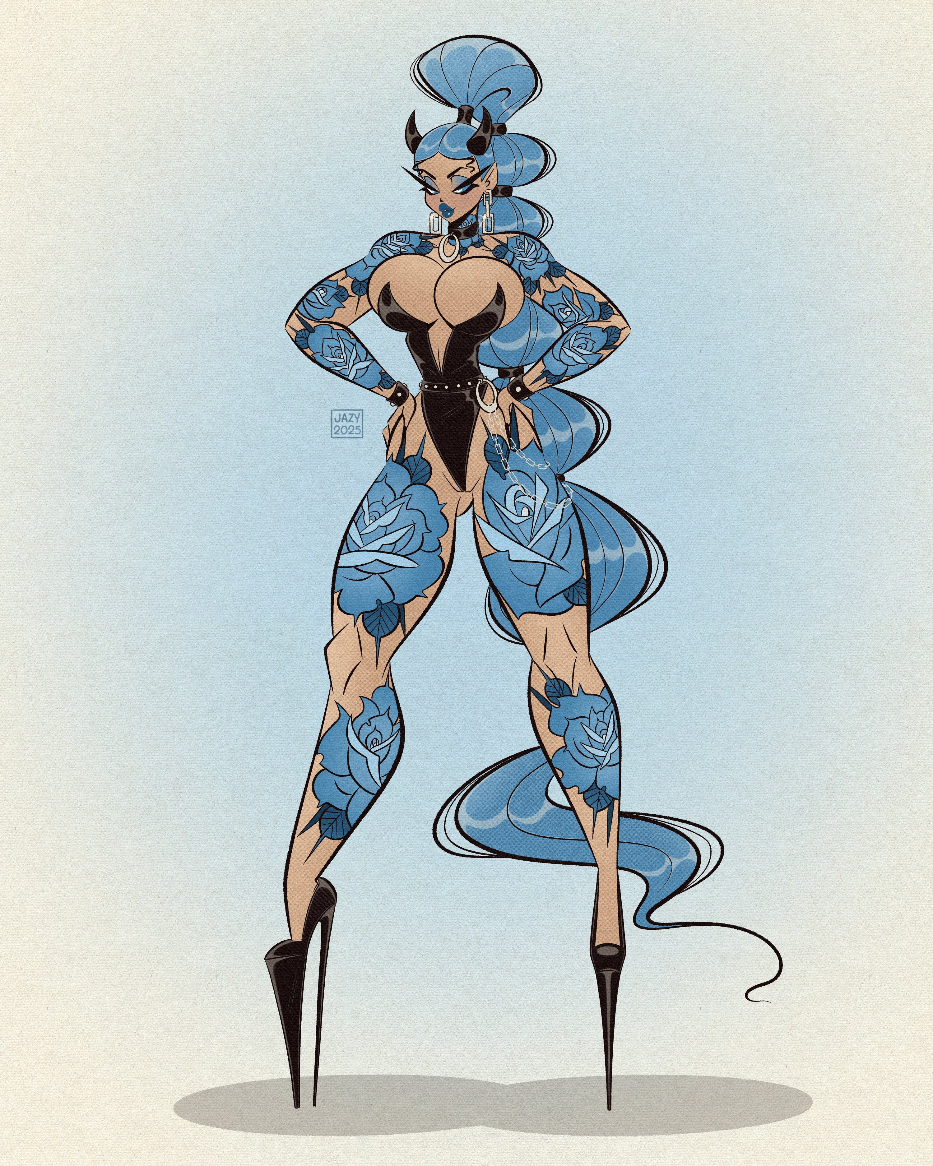 gothic blue demon with rose tattoos print by bloodknotcollective