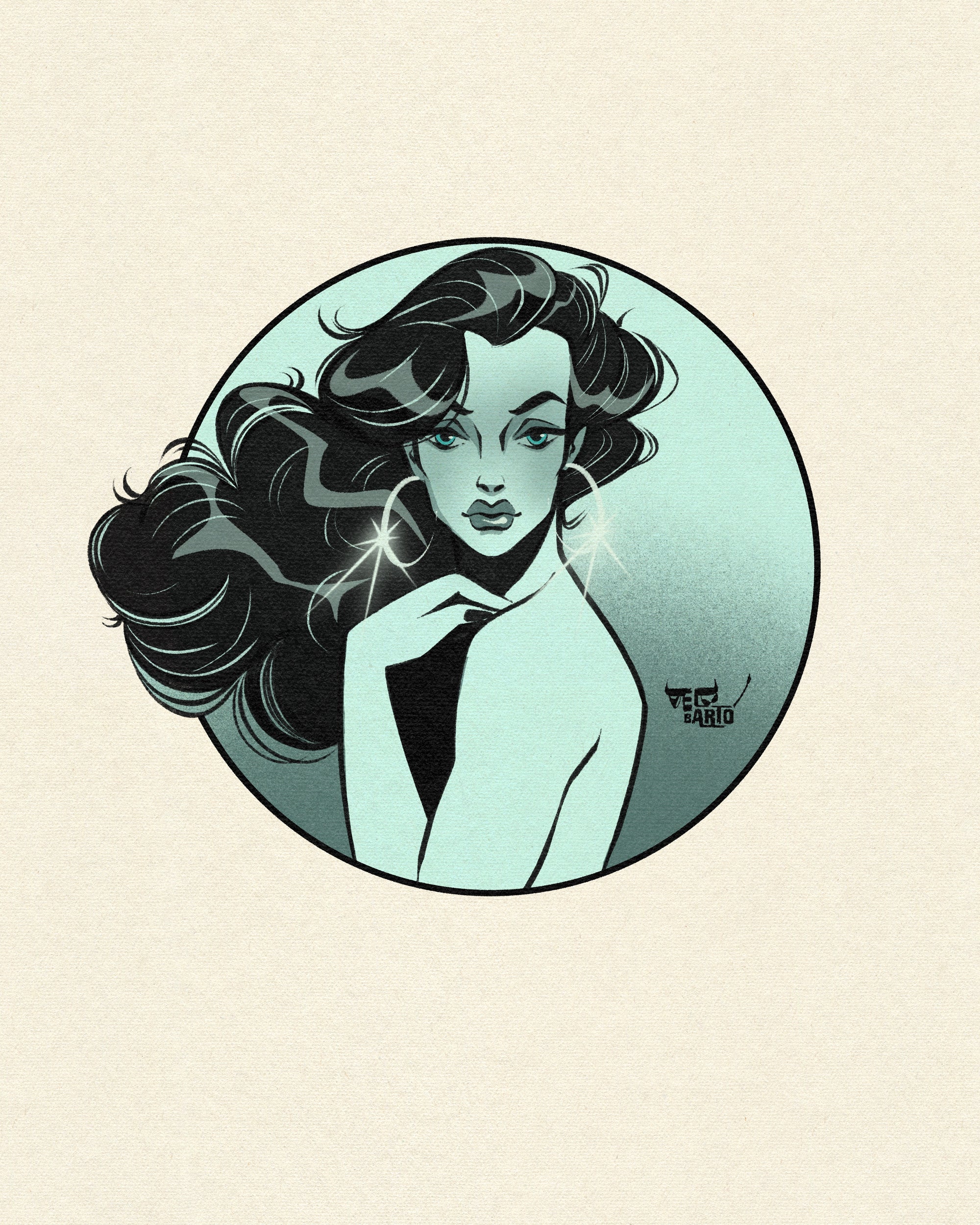 blue portrait print of woman with long curly hair by bloodknotcollective