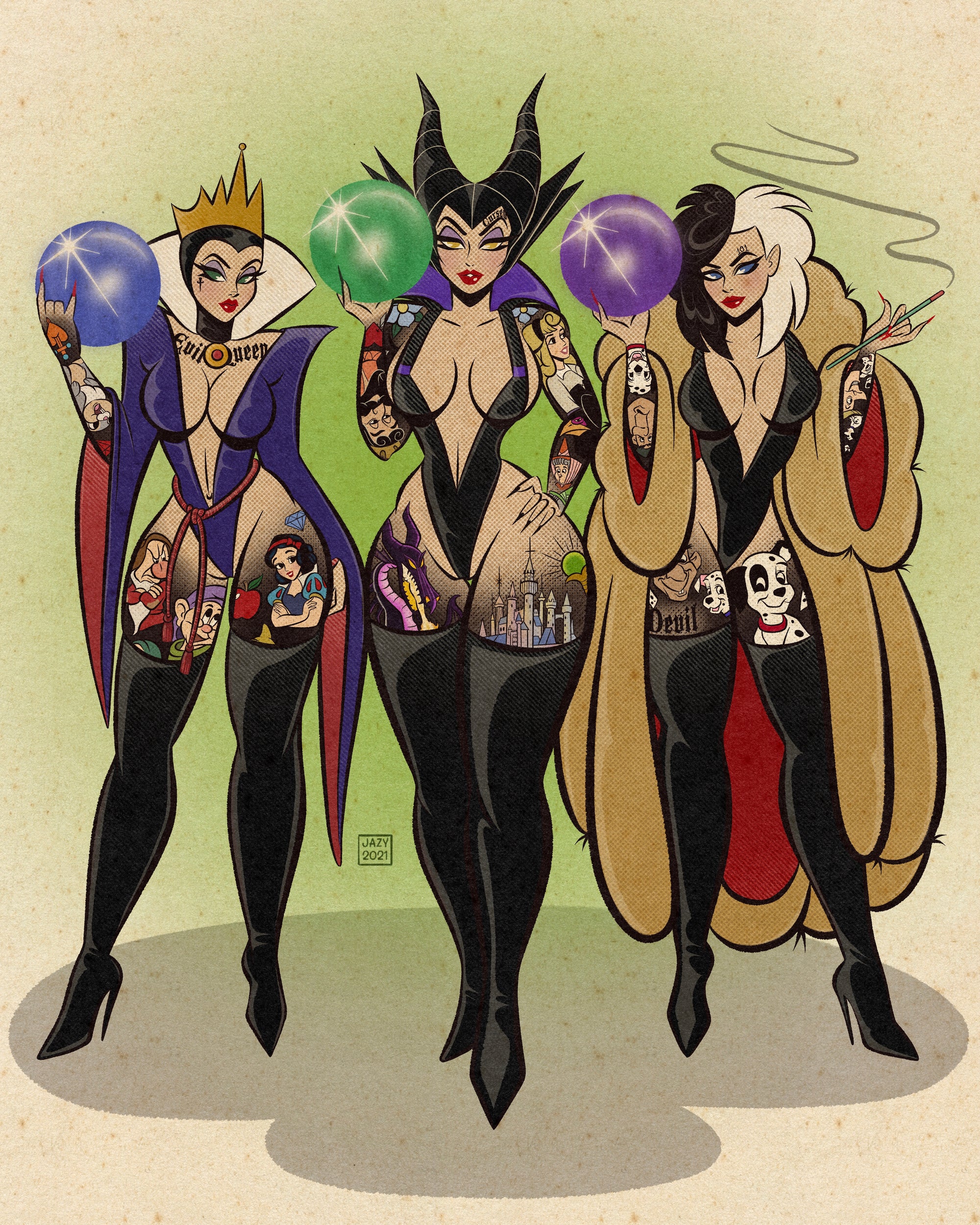 bowling league print with maleficent, evil queen, and cruella de vil. 