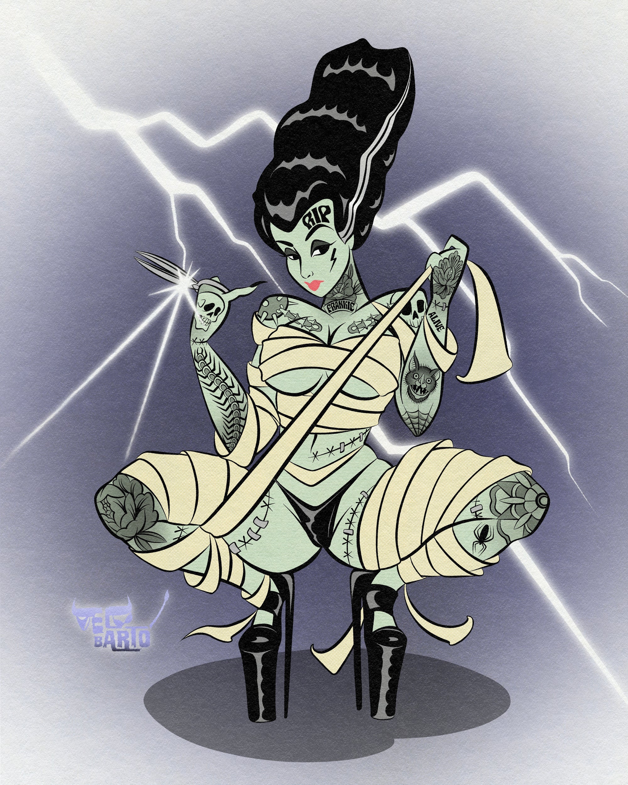 Bride of frankenstein print of female frankenstein with tattoos and lightning by Bloodknotcollective 