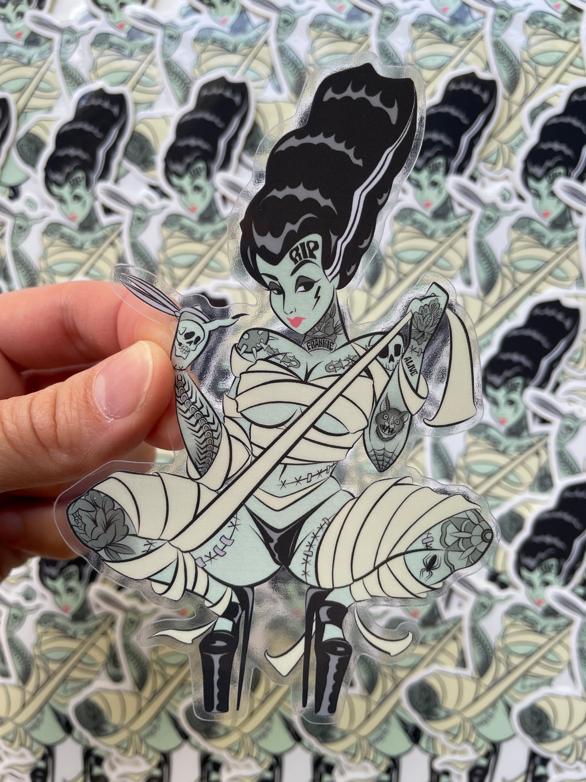 tattooed bride of frankenstein clear vinyl sticker by bloodknotcollective