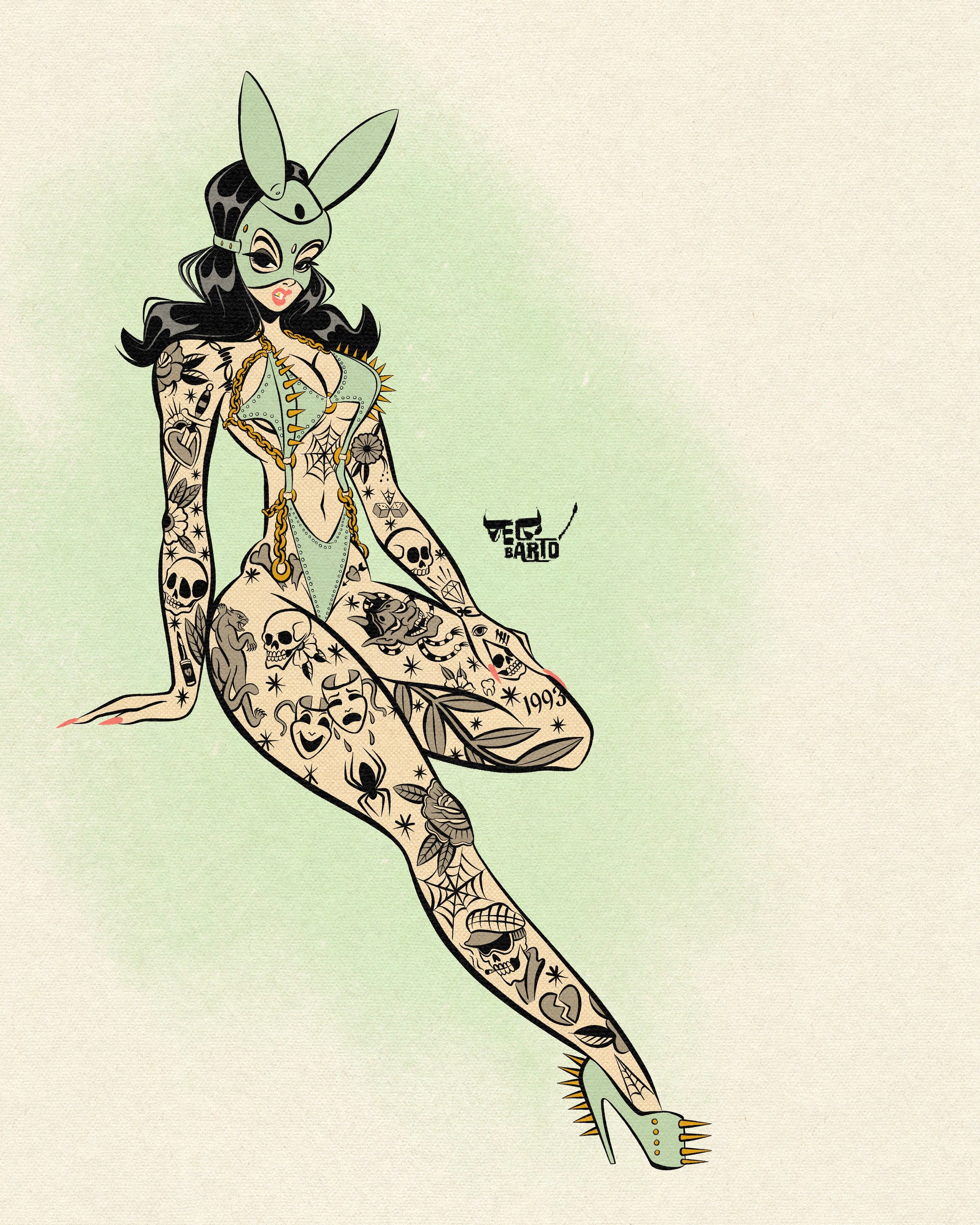 bunny dagger print of tattooed woman wearing toxic vision body suit.