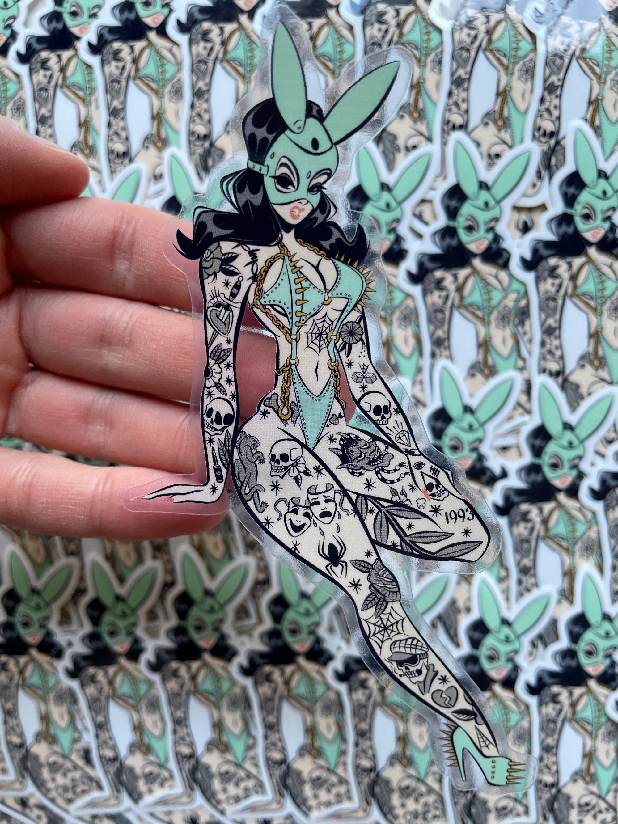gothic bunny with toxic vision outfit and tattoos clear vinyl sticker by bloodknotcollective