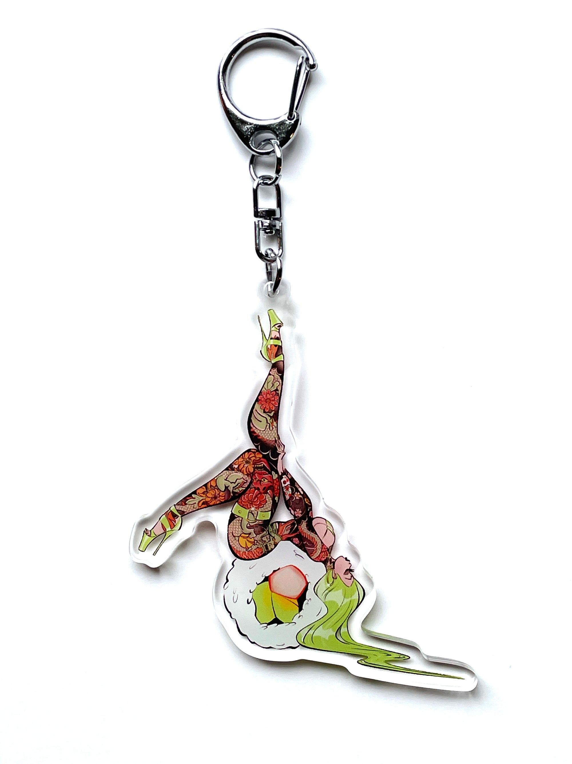 woman with japanese tattoo on california roll sushi clear acrylic keychain by bloodknotcollective