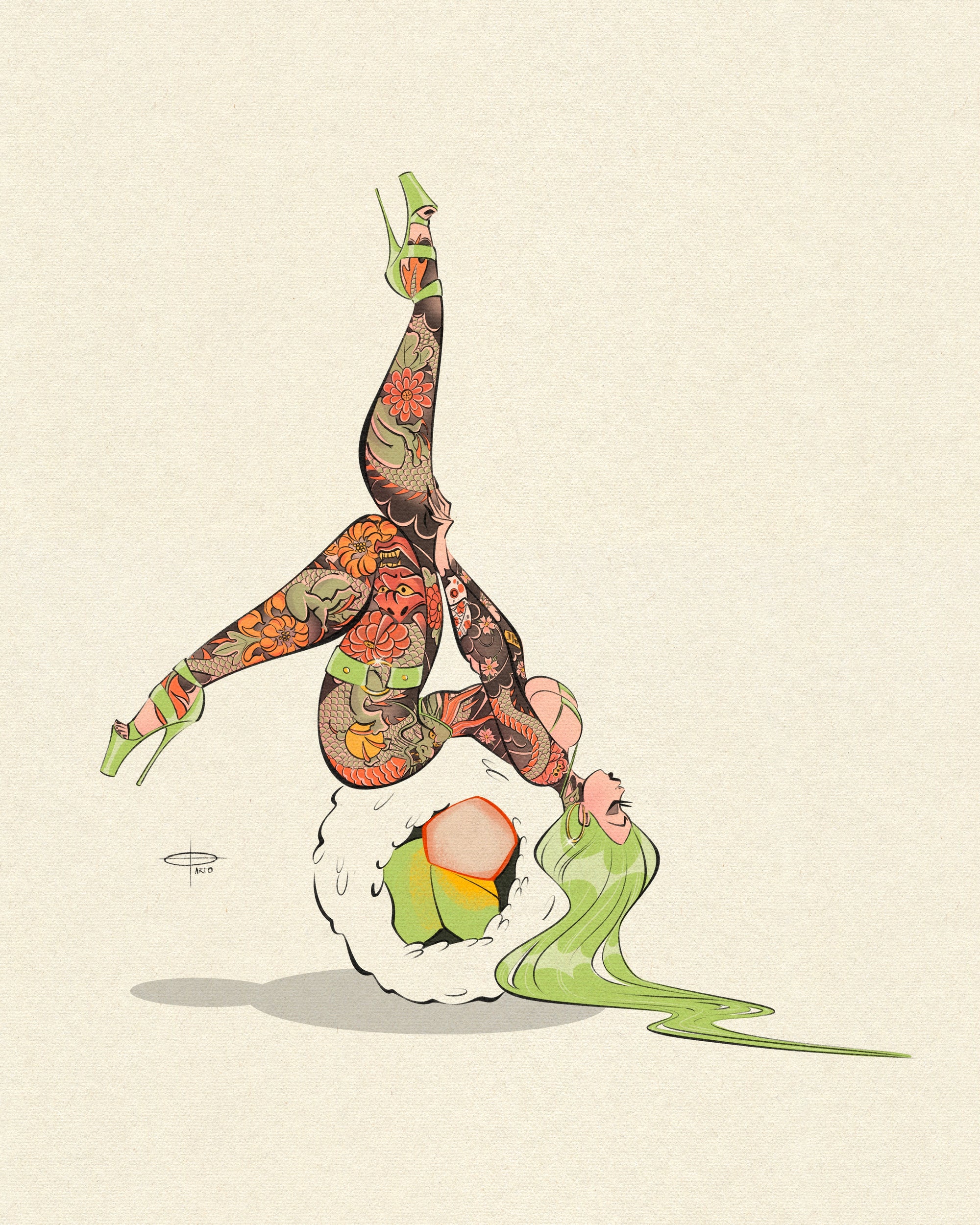 California roll print of tattooed woman on roll of sushi by Bloodknotcollective
