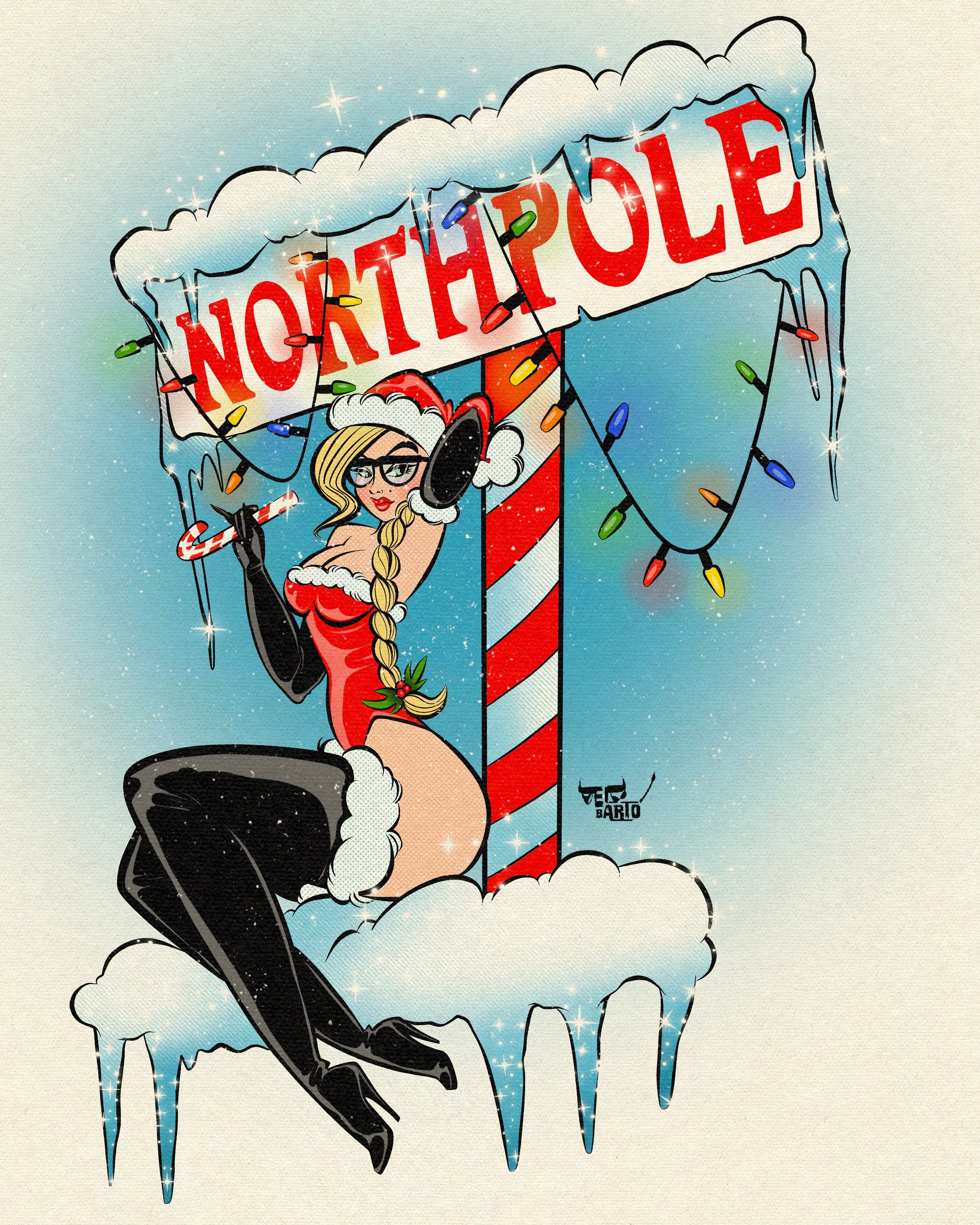 candy cane print with woman sitting by northpole holding candy cane. 