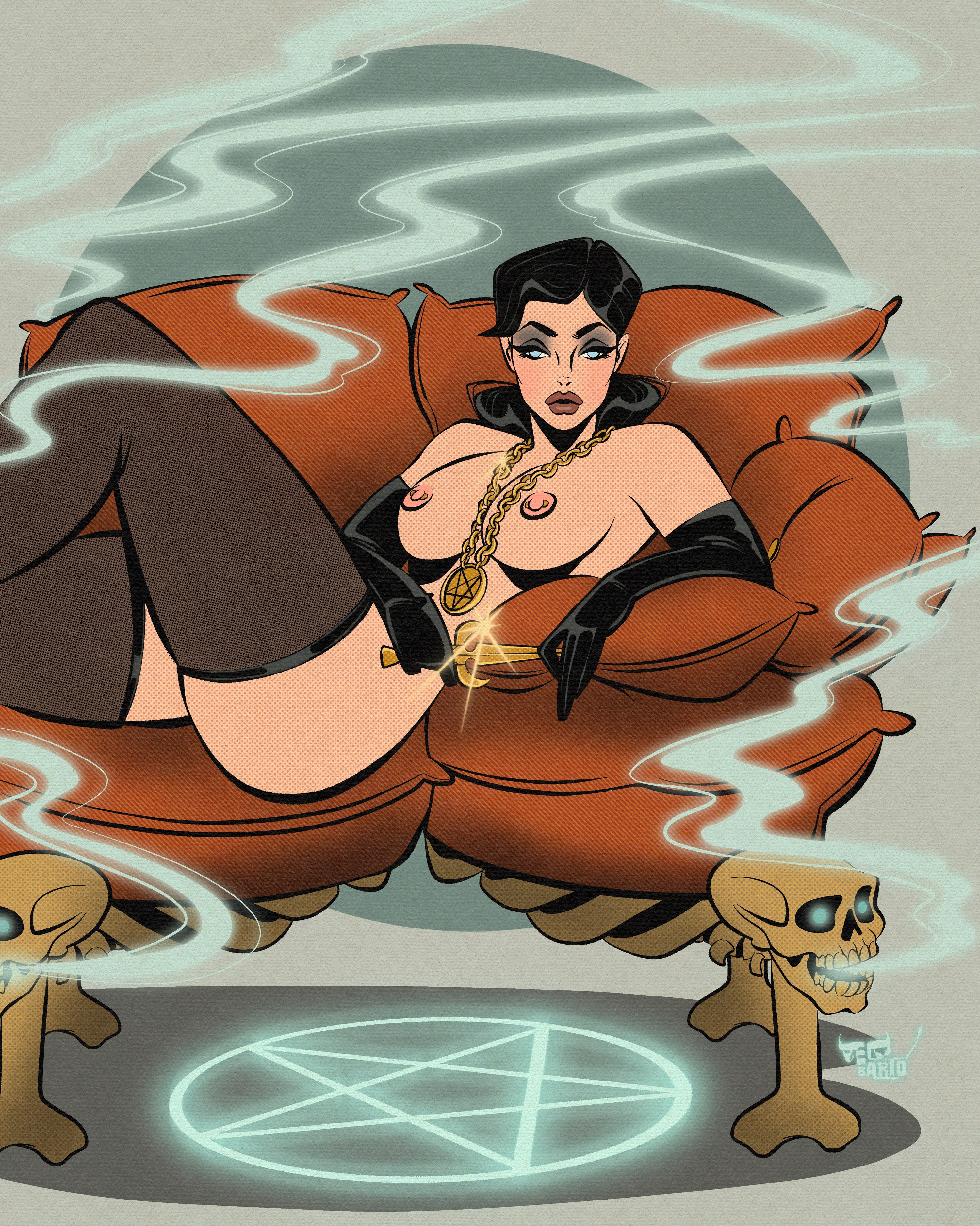 Casting spells and chill print nude with gothic woman on couch by bloodknotcollective.