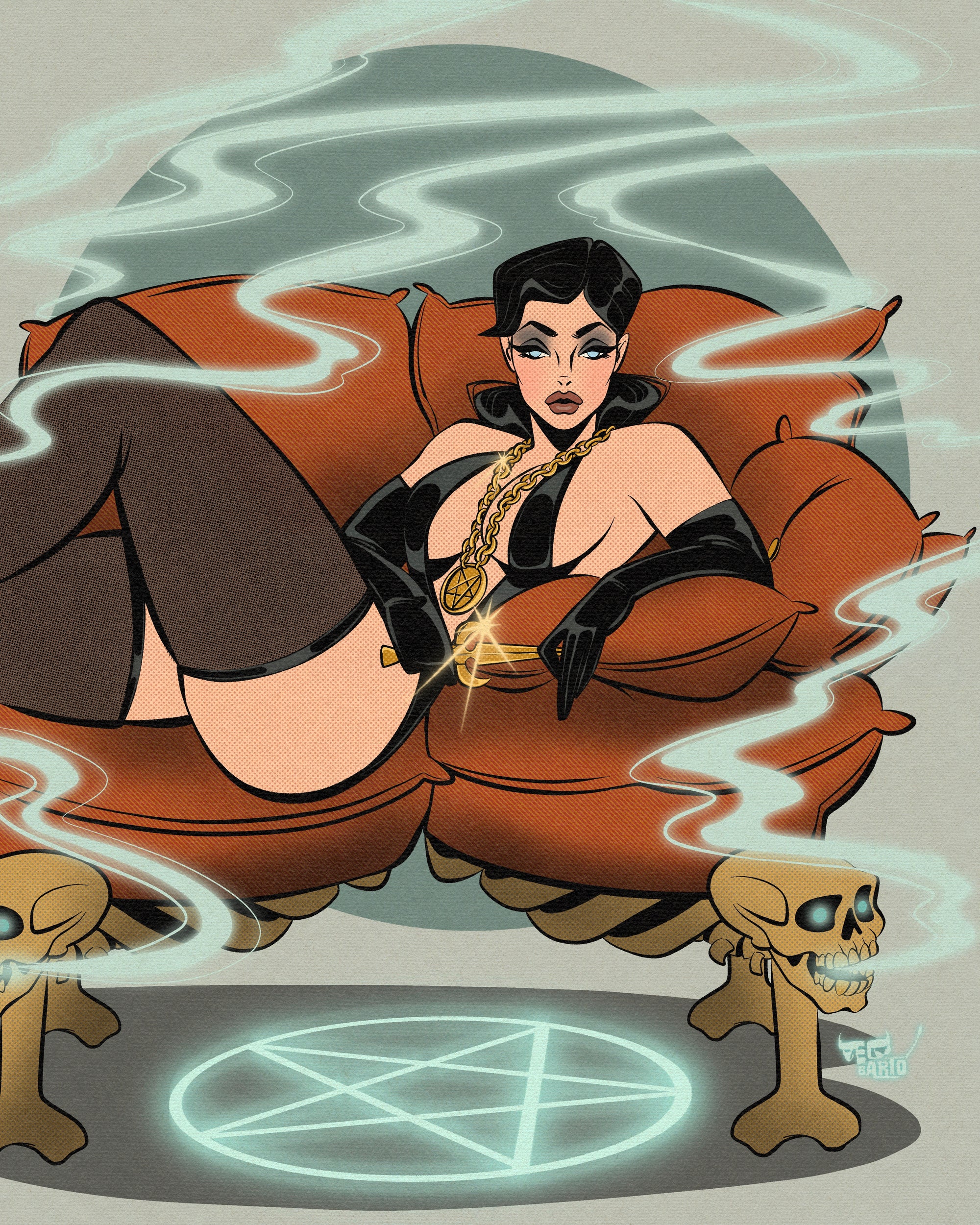 Casting Spells & Chill print of gothic woman on couch by bloodknotcollective.