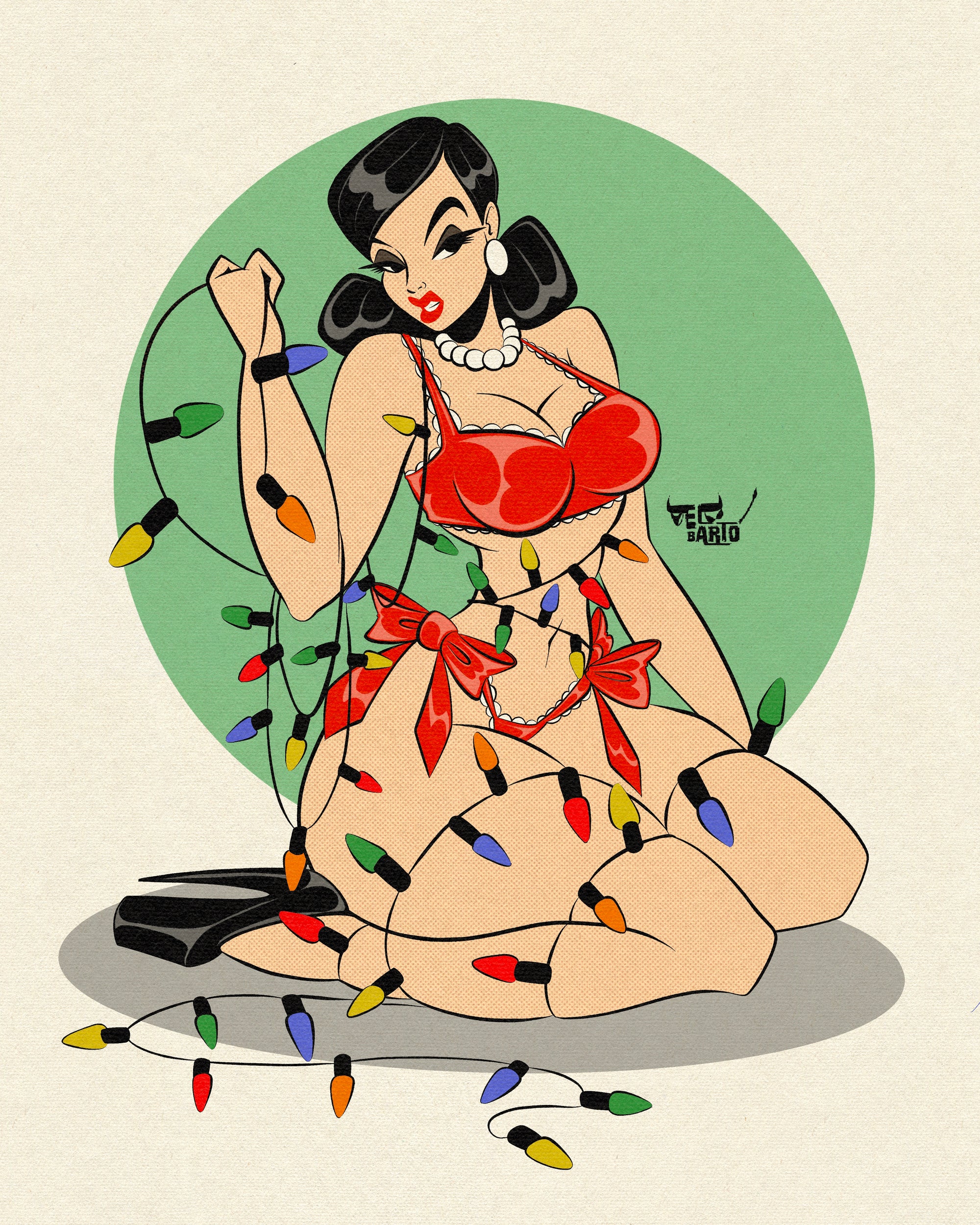 christmas lights pinup with woman wrapped up in lights. 