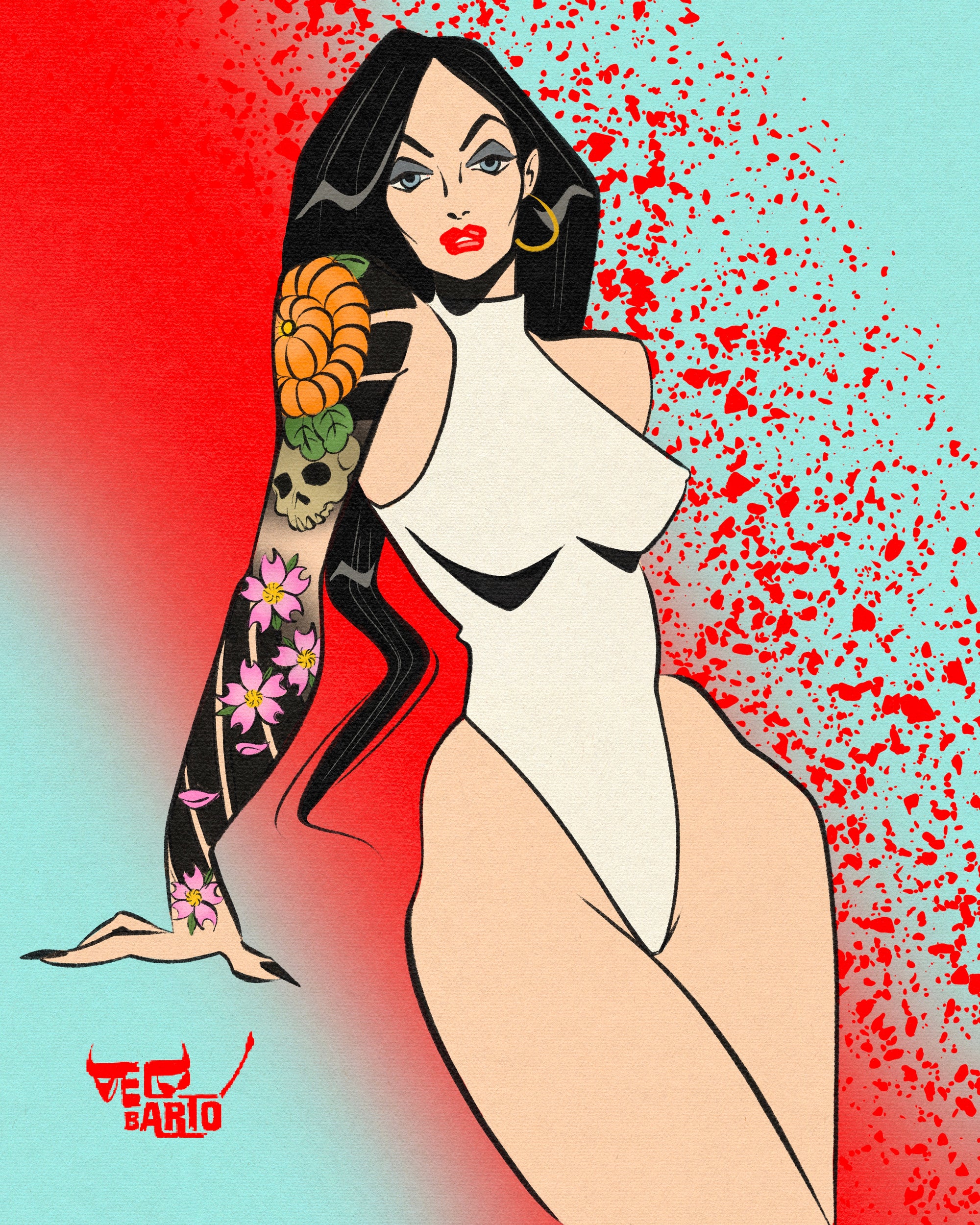 comic book samurai print of woman with japanese tattoos by bloodknotcollective