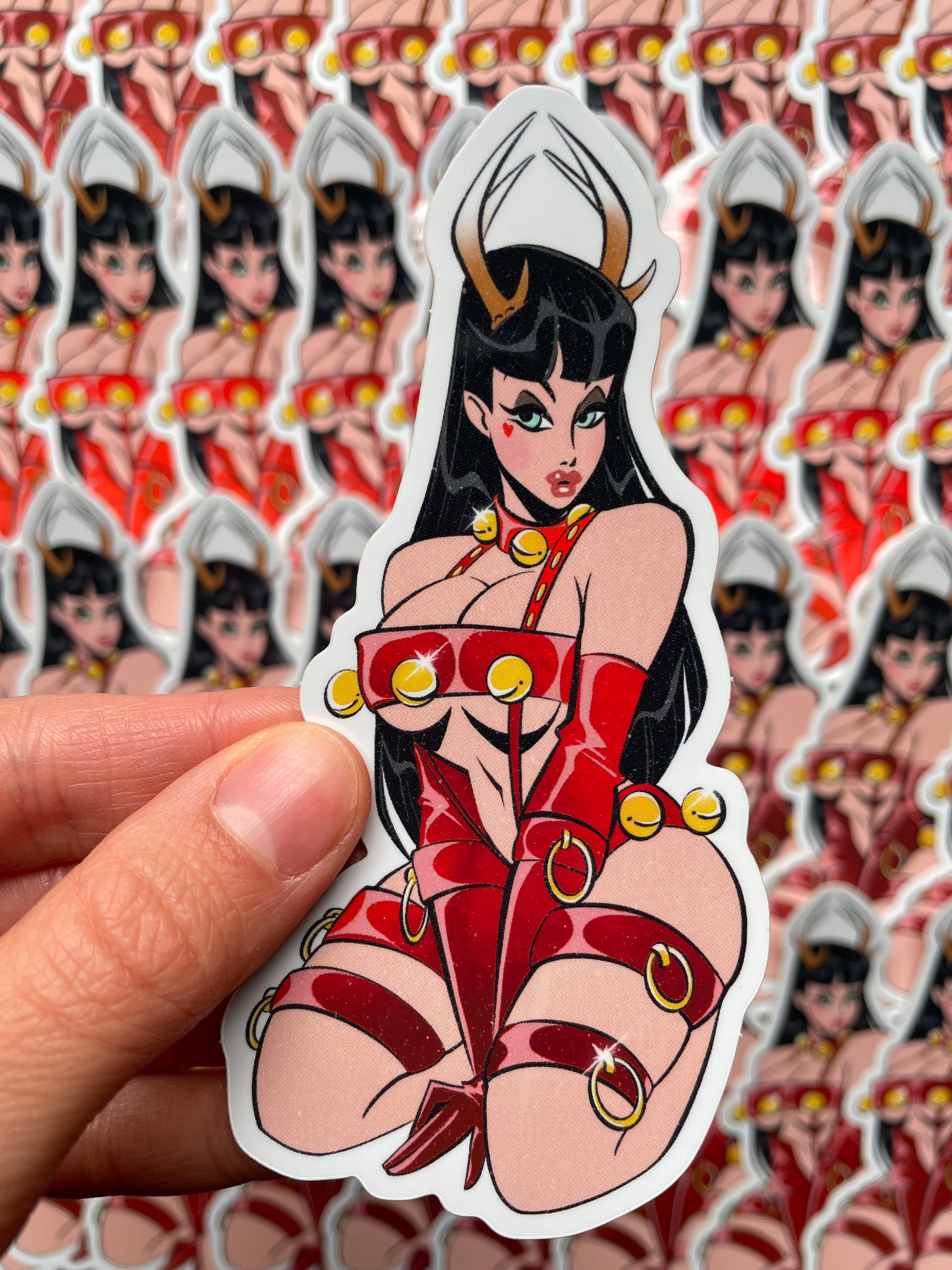 female cupid reindeer pinup holographic vinyl sticker by bloodknotcollective