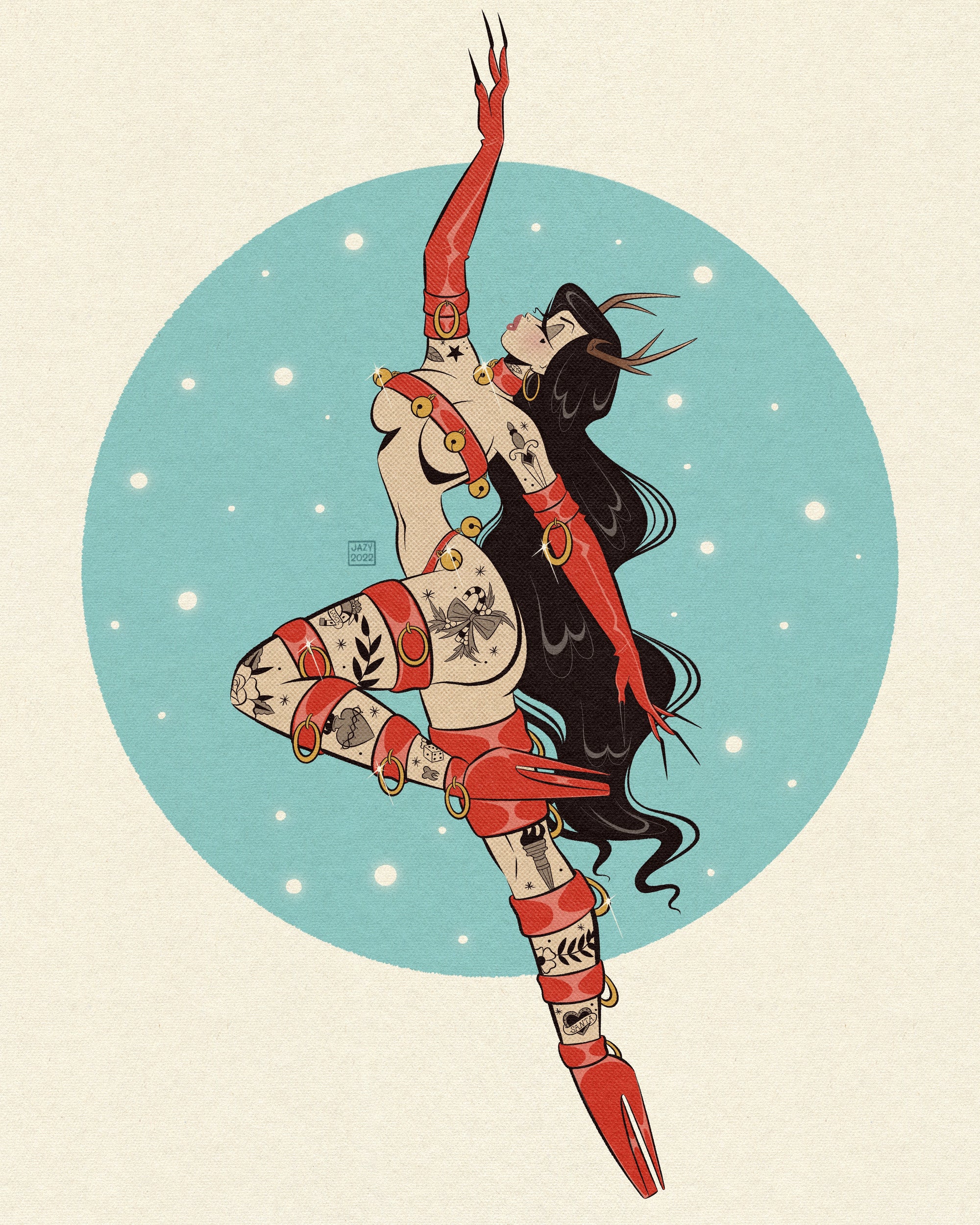 Dancer print of woman reindeer with tattoos by bloodknotcollective
