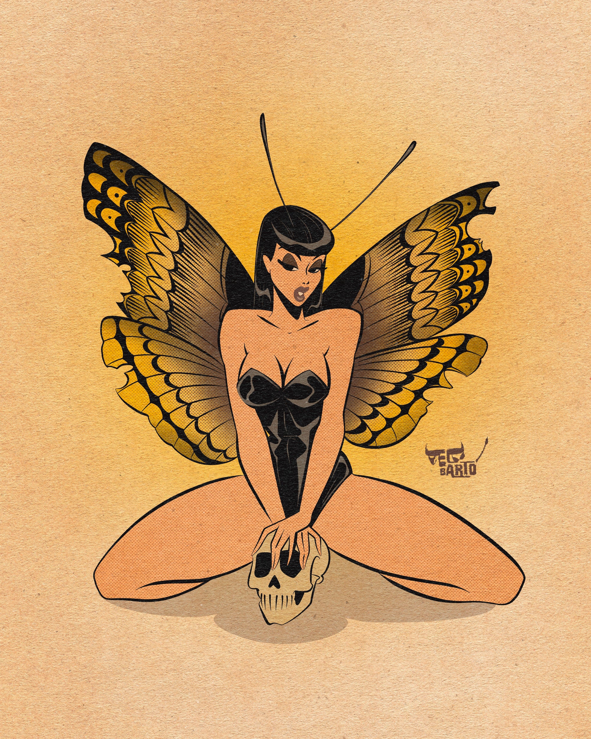 Death head moth pinup print with skull.