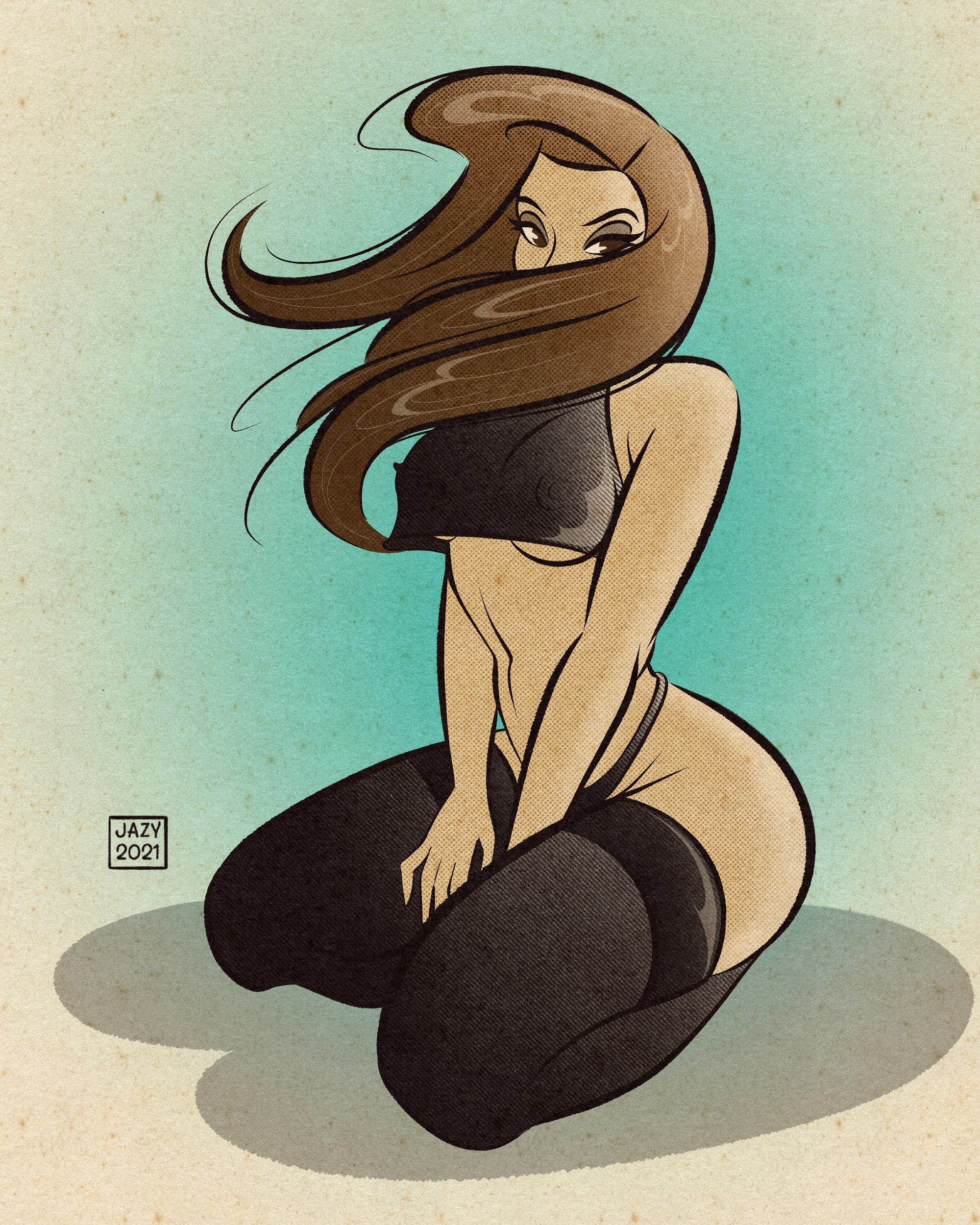 demoiselle print with hair blowing in face