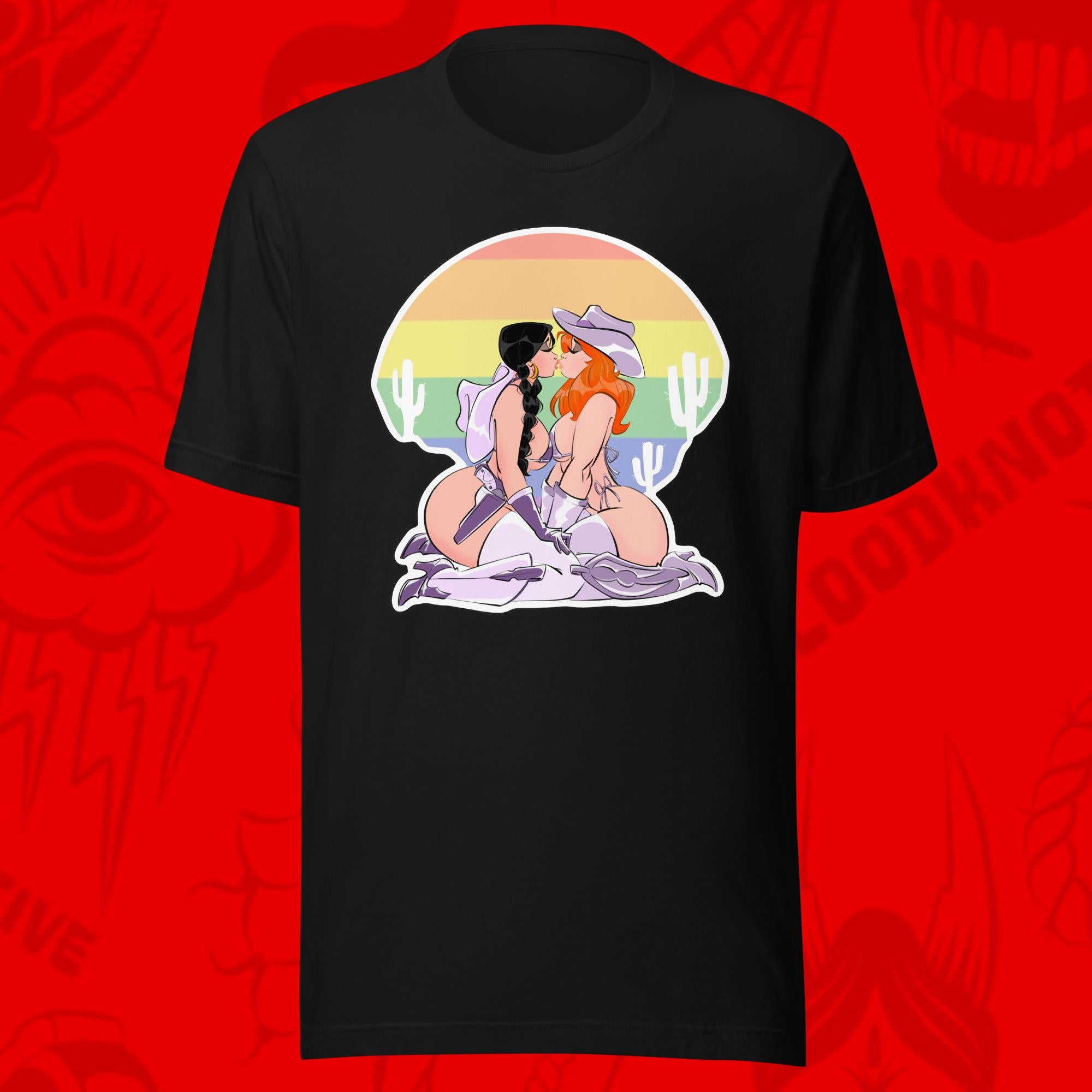 desert flowers of two cowgirls kissing by a rainbow sunset on black tee by bloodknotcollective