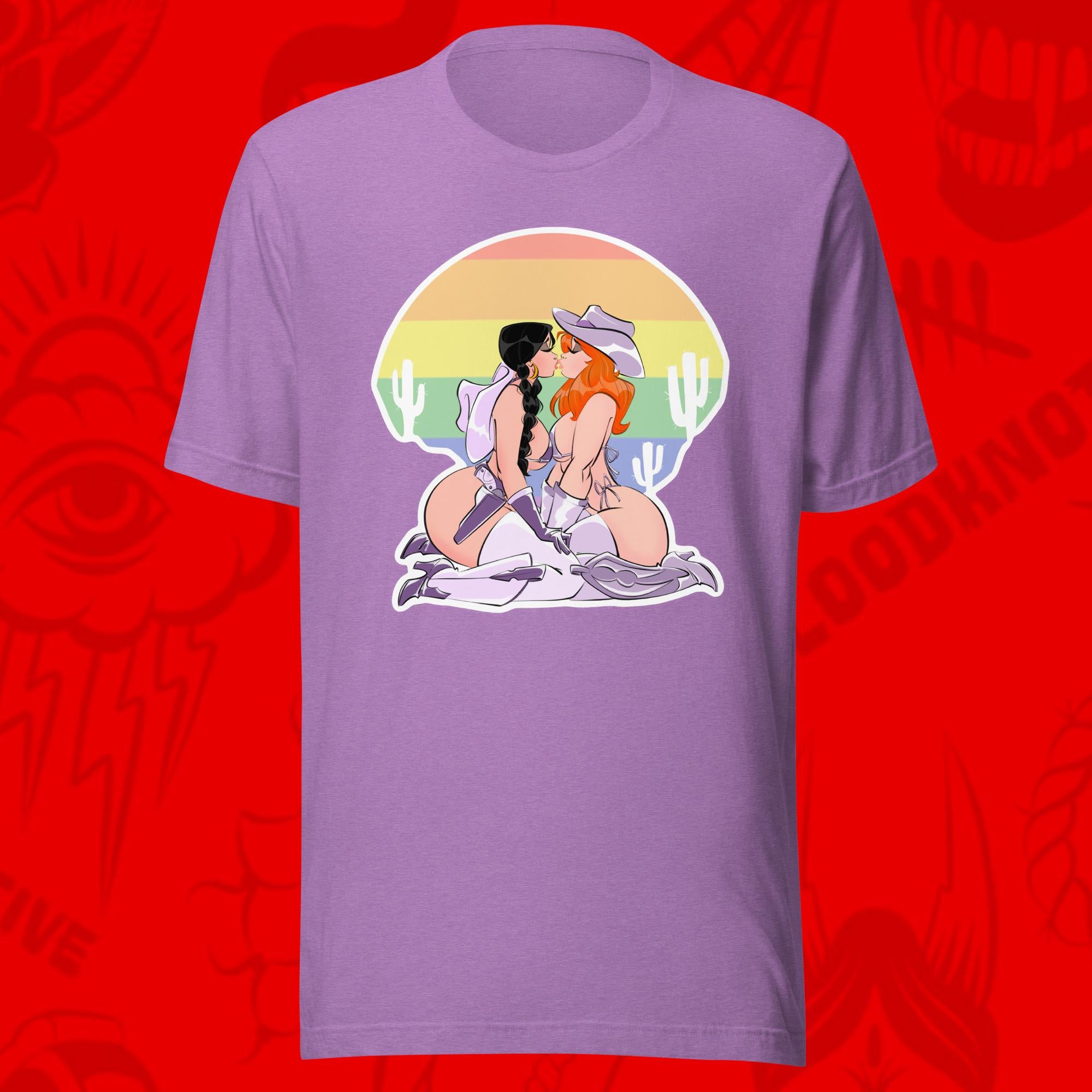 desert flowers of two cowgirls kissing by a rainbow sunset on purple tee by bloodknotcollective
