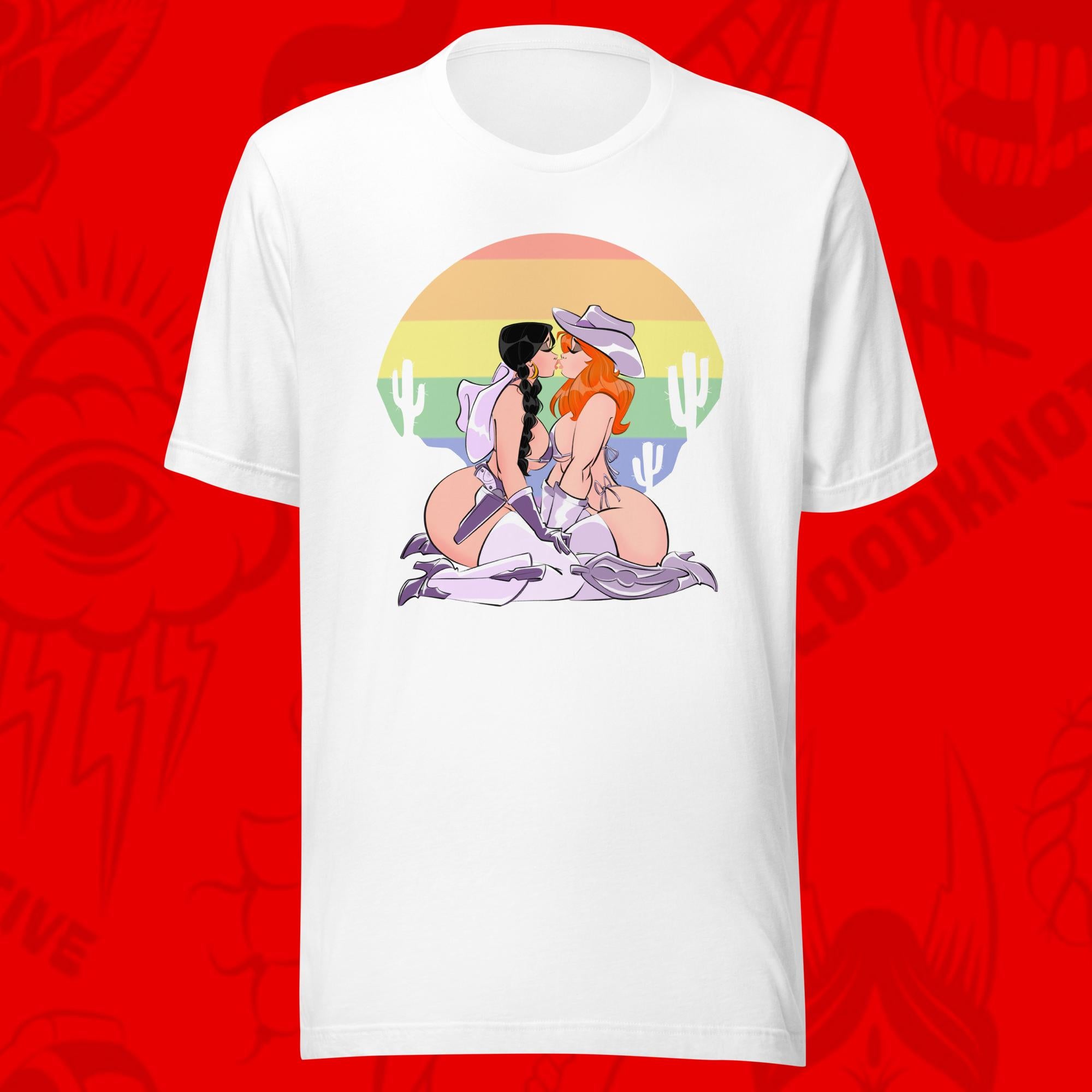 desert flowers of two cowgirls kissing by a rainbow sunset on white tee by bloodknotcollective