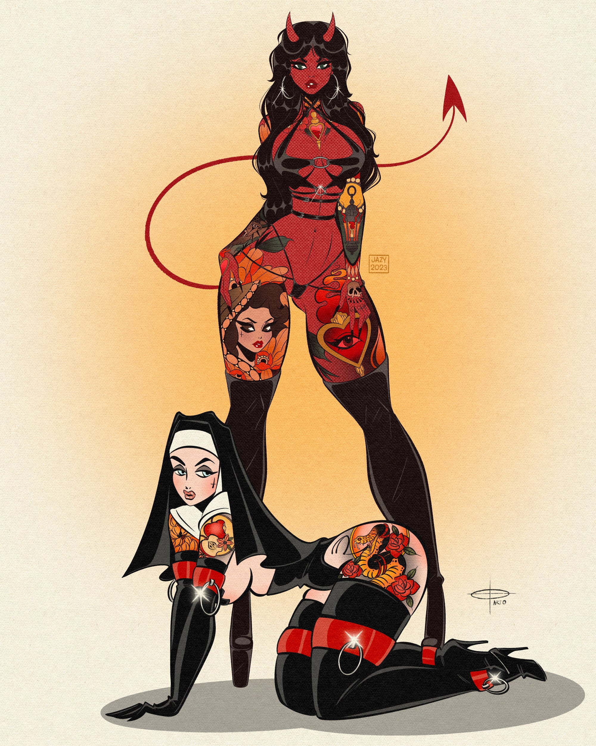 Devil and nun print of two tattooed woman by bloodknotcollective