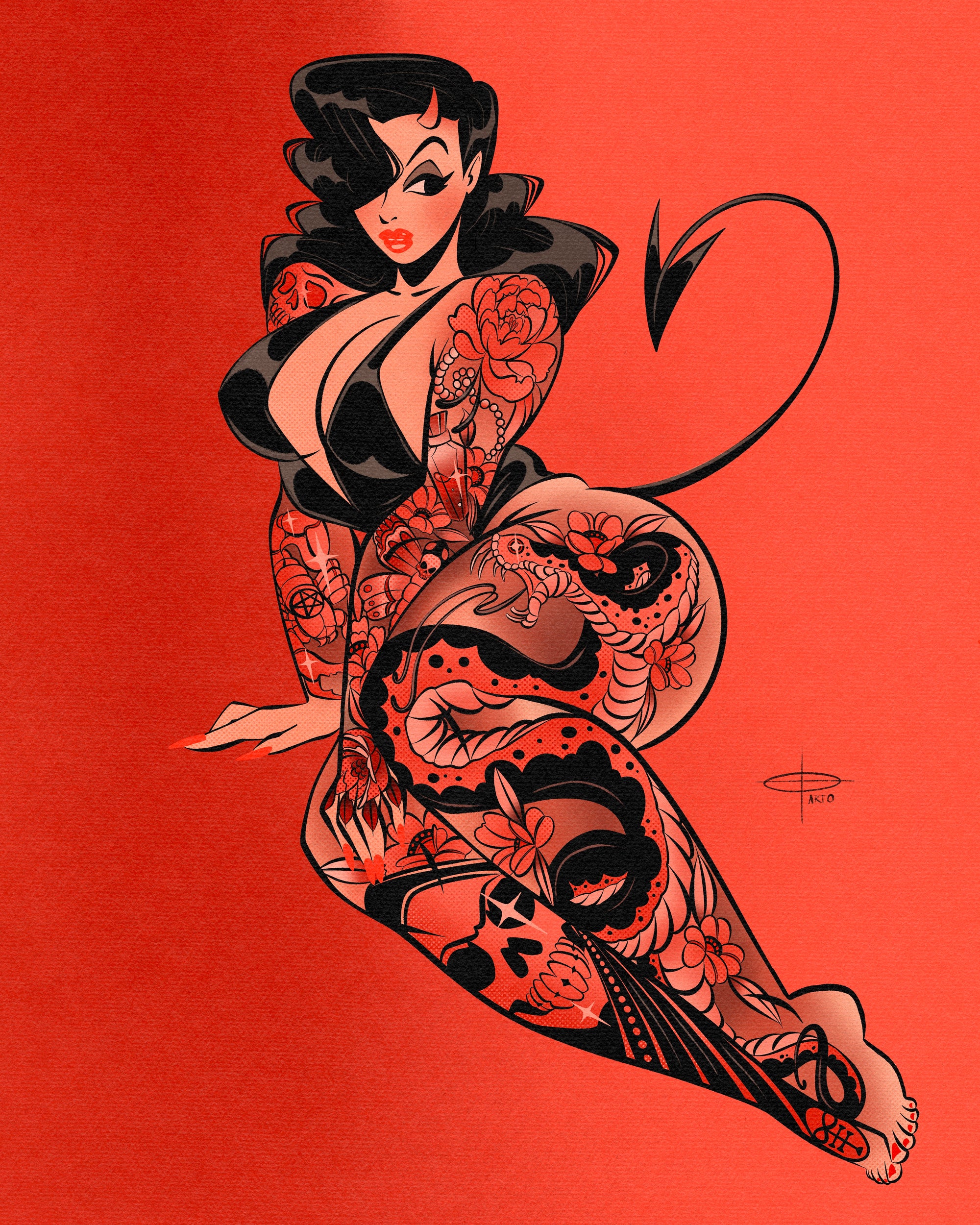 Devil business print of red woman devil with tattoos by bloodknotcollective. 