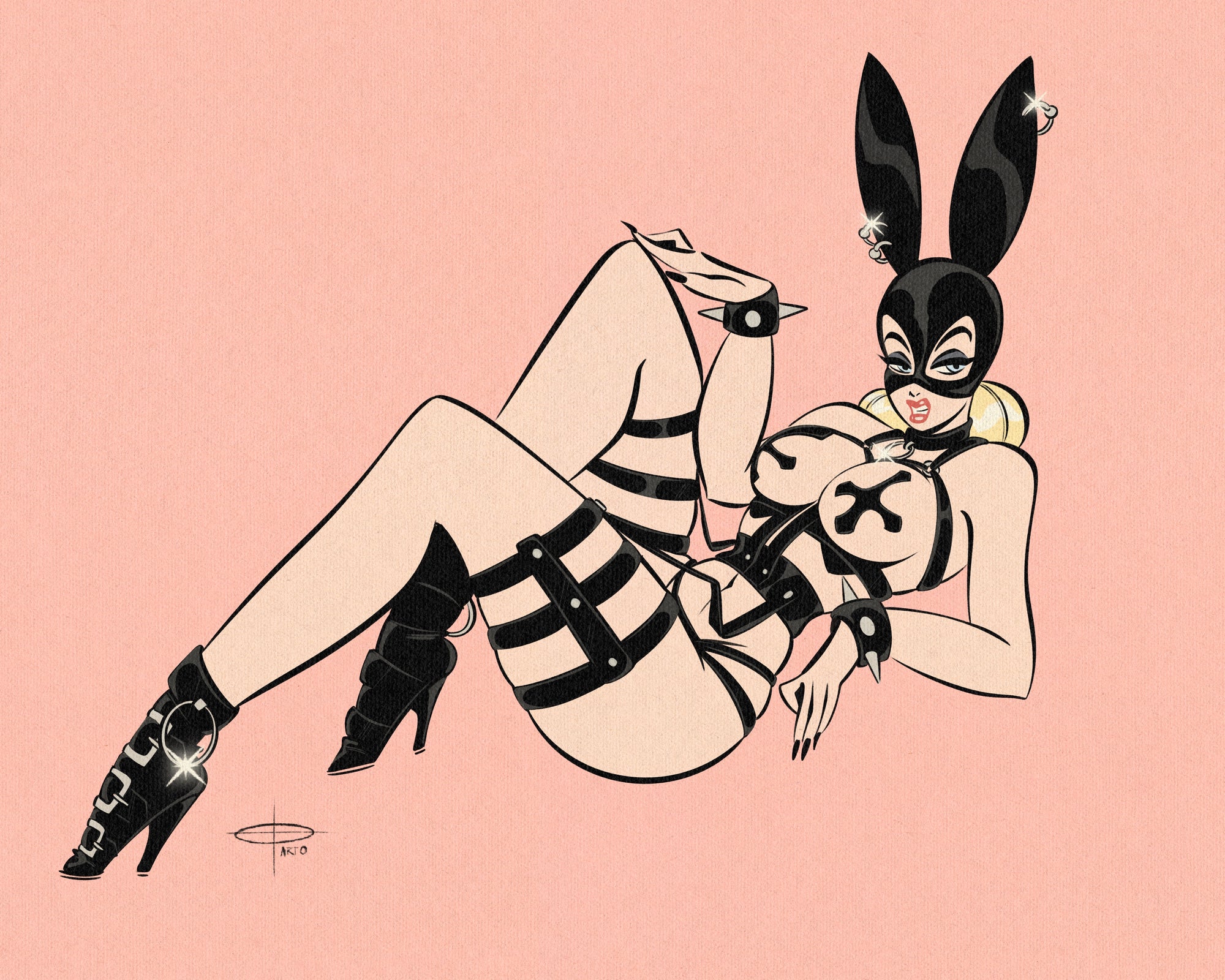Devilish bun bunz print of woman in gothic bunny outfit by Bloodknotcollective