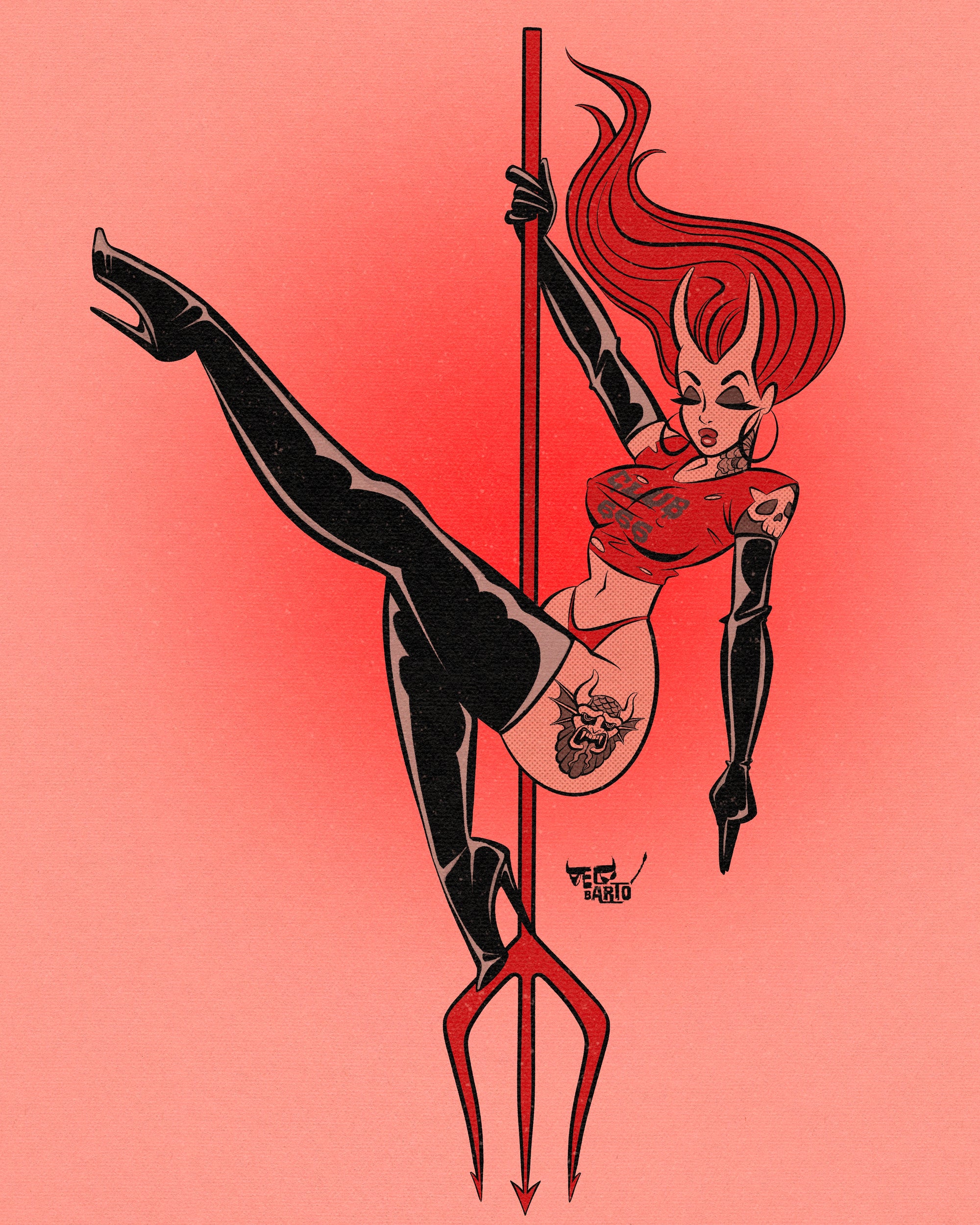 devil's trident print with woman devil on trident pole. 