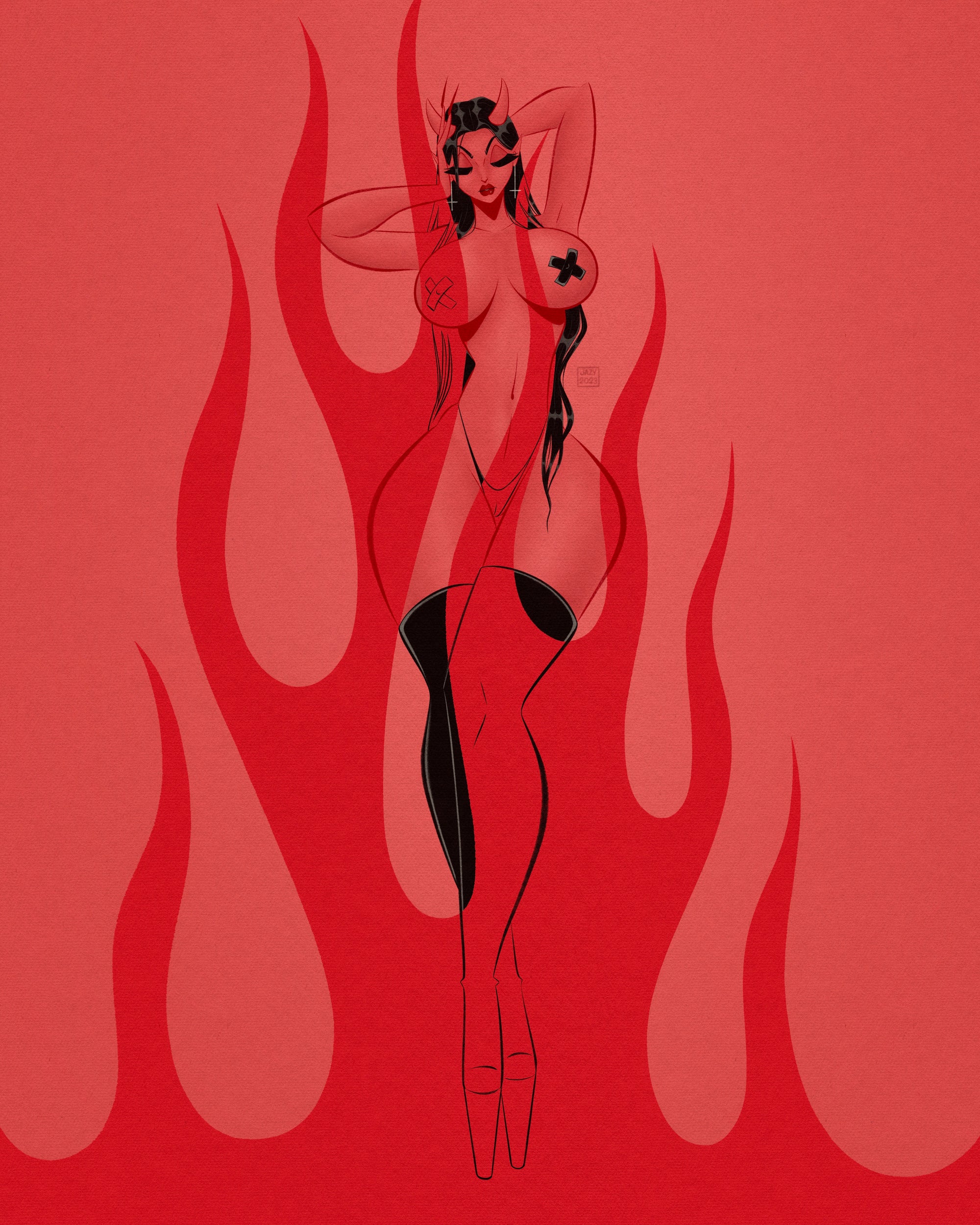 Devil with flames print of monochrome red devil by Bloodknotcollective