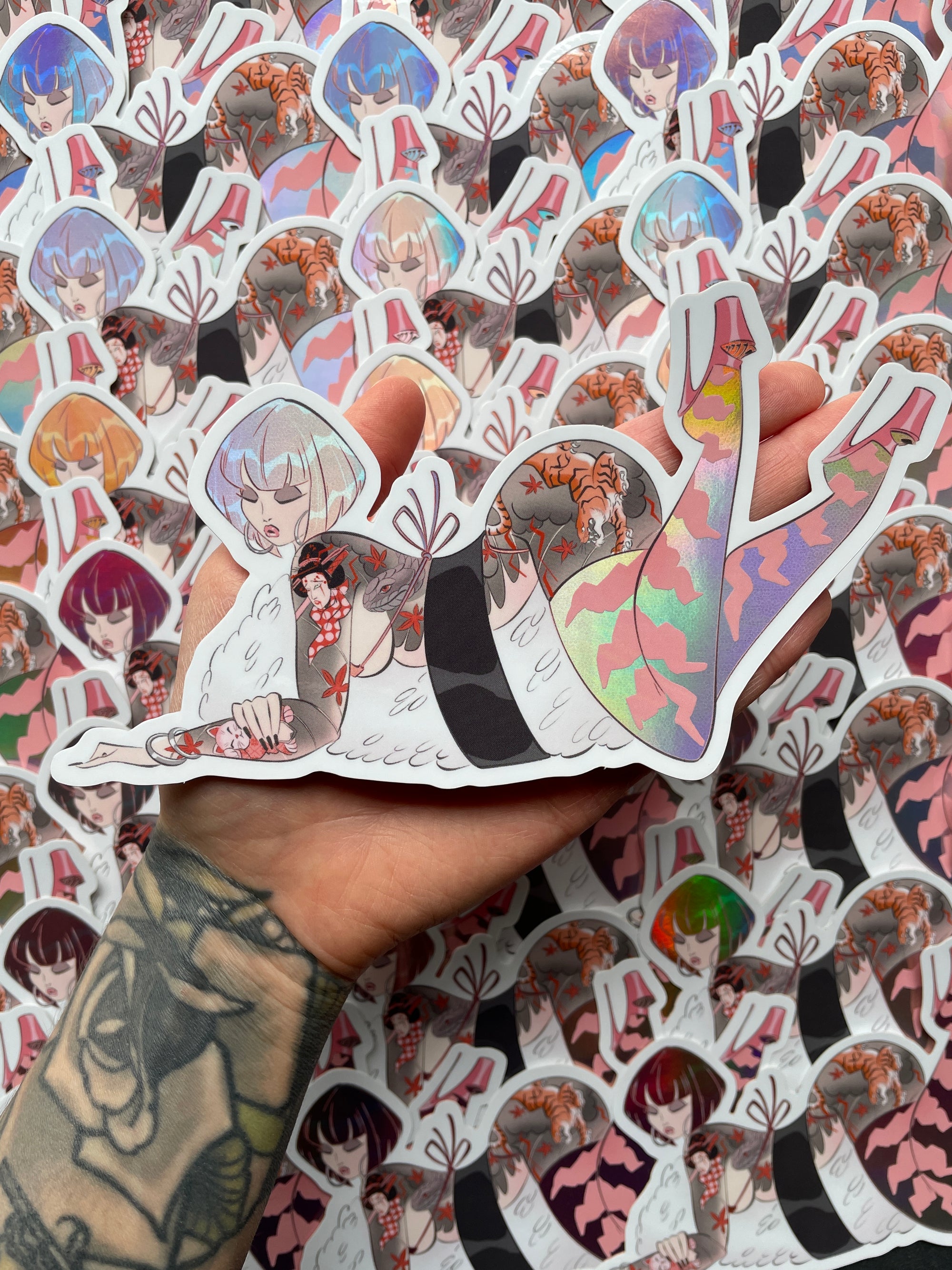 woman ebi sushi with japanese tattoos holographic jumbo vinyl sticker by bloodknotcollective