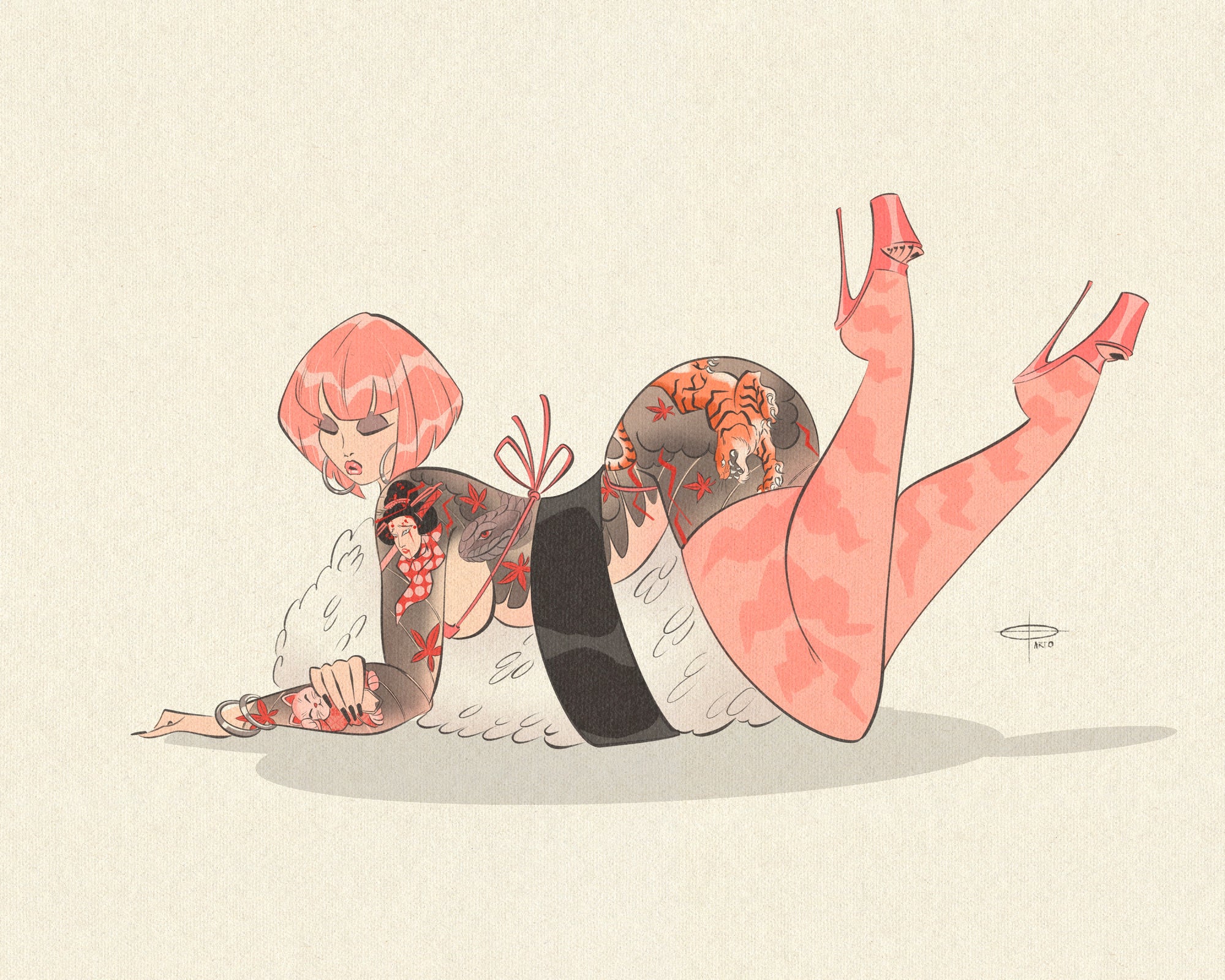 Ebi Print of woman ebi sushi roll with tattoos by Bloodknotcollective