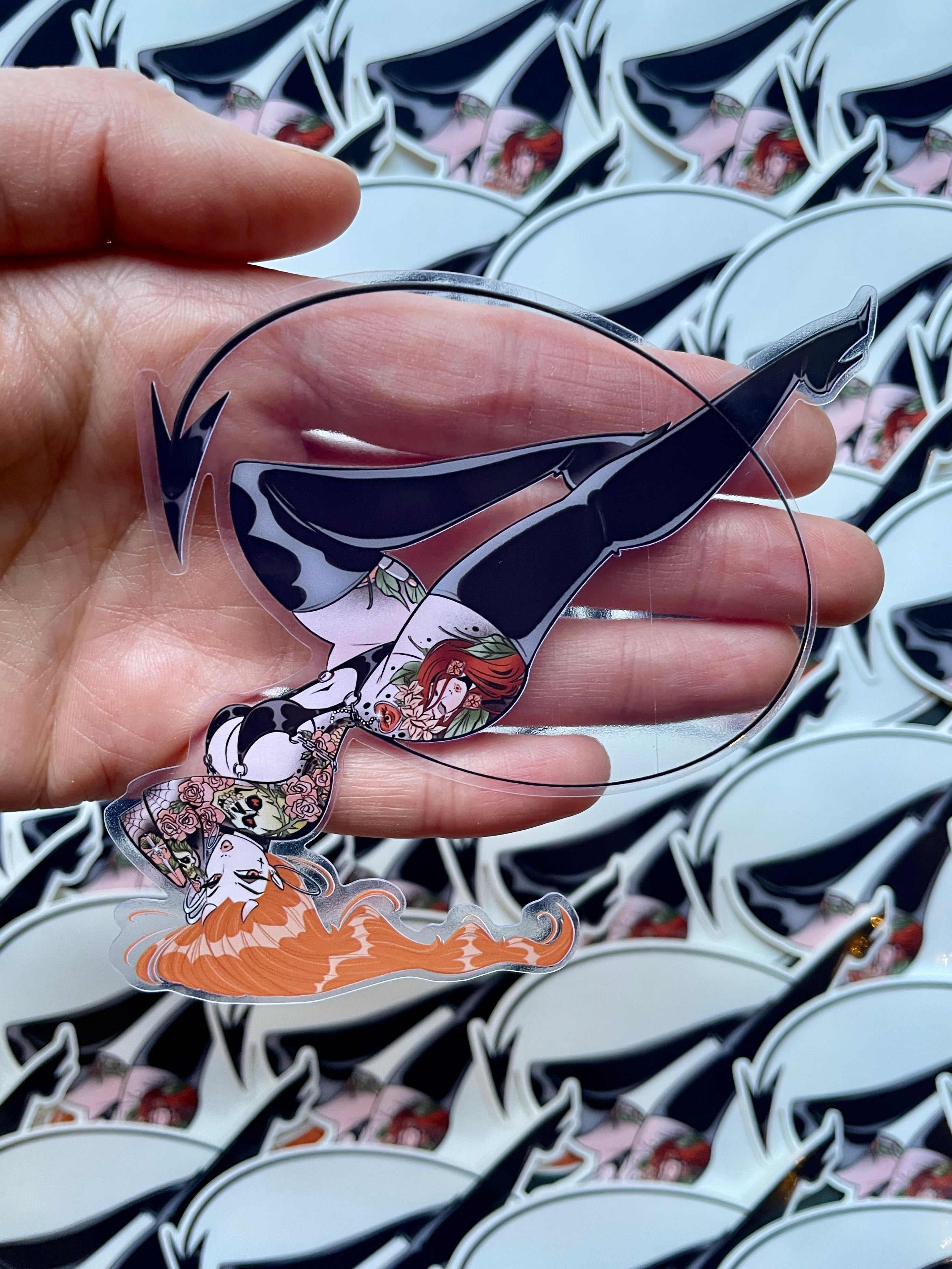 devil girl upside down with tattoos clear vinyl sticker