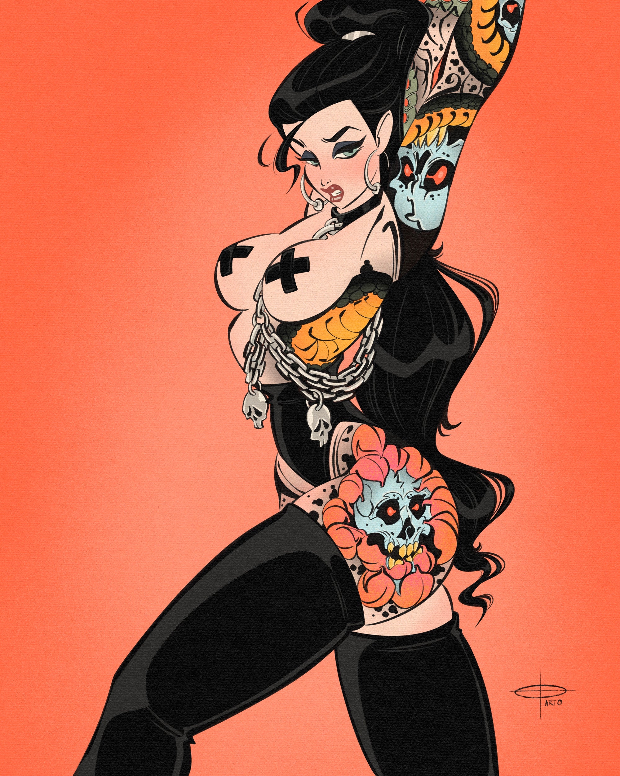 Fetish skulls print of woman with neotradtional tattoos by Bloodknotcollective