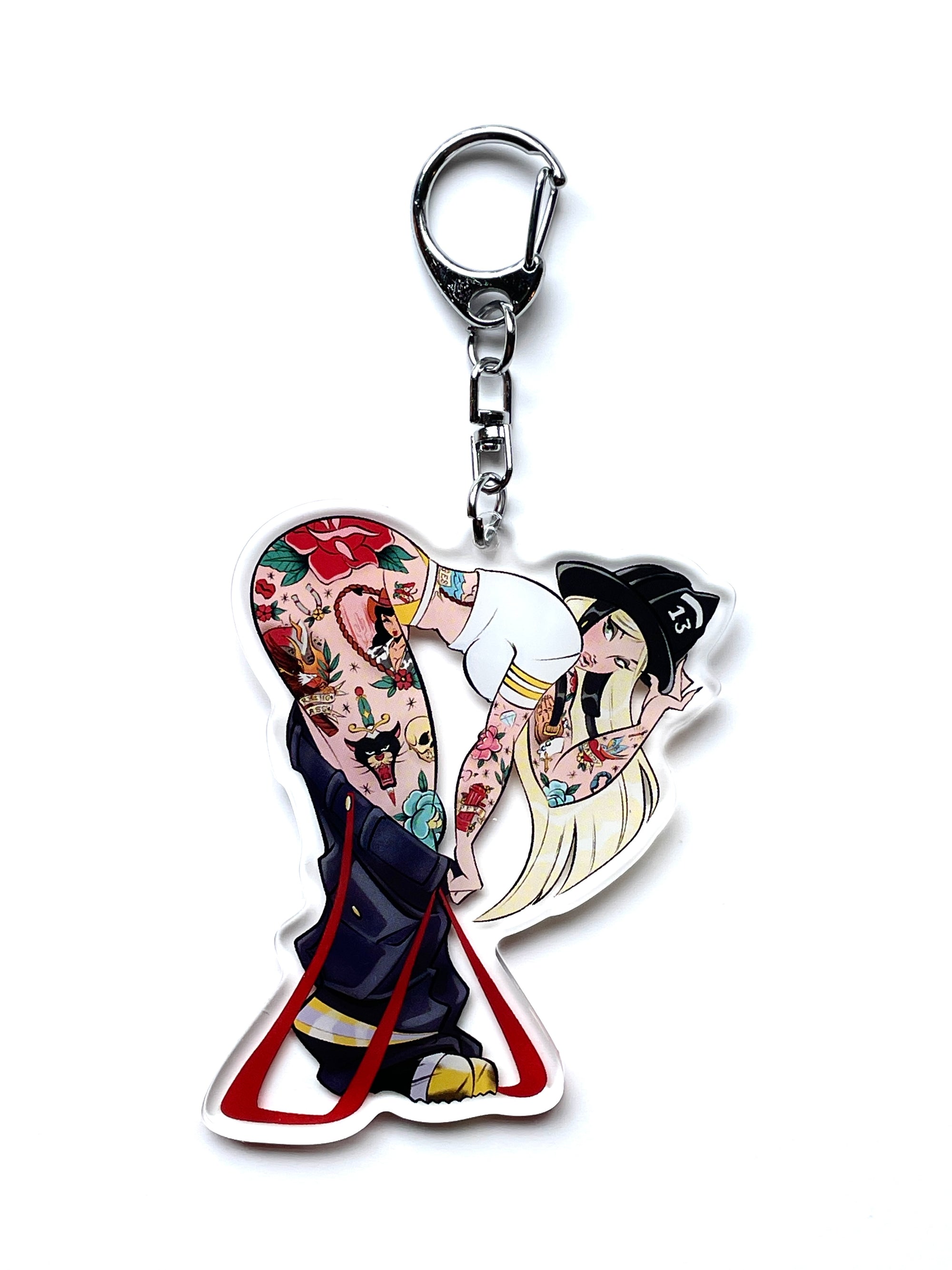 tattooed firefighter clear acrylic keychain by bloodknotcollective