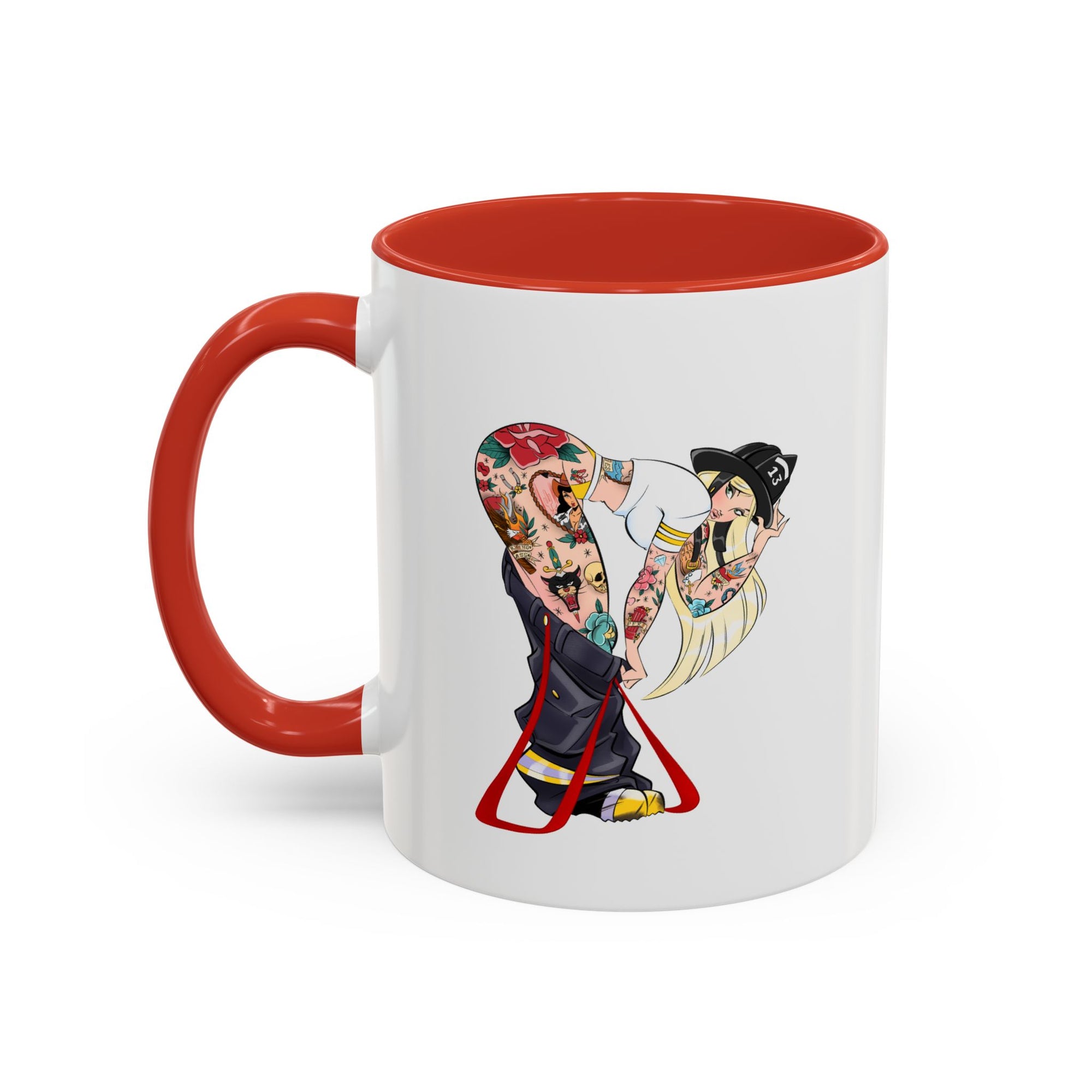 left side of tattooed firefighter on red and white ceramic mug by bloodknotcollective