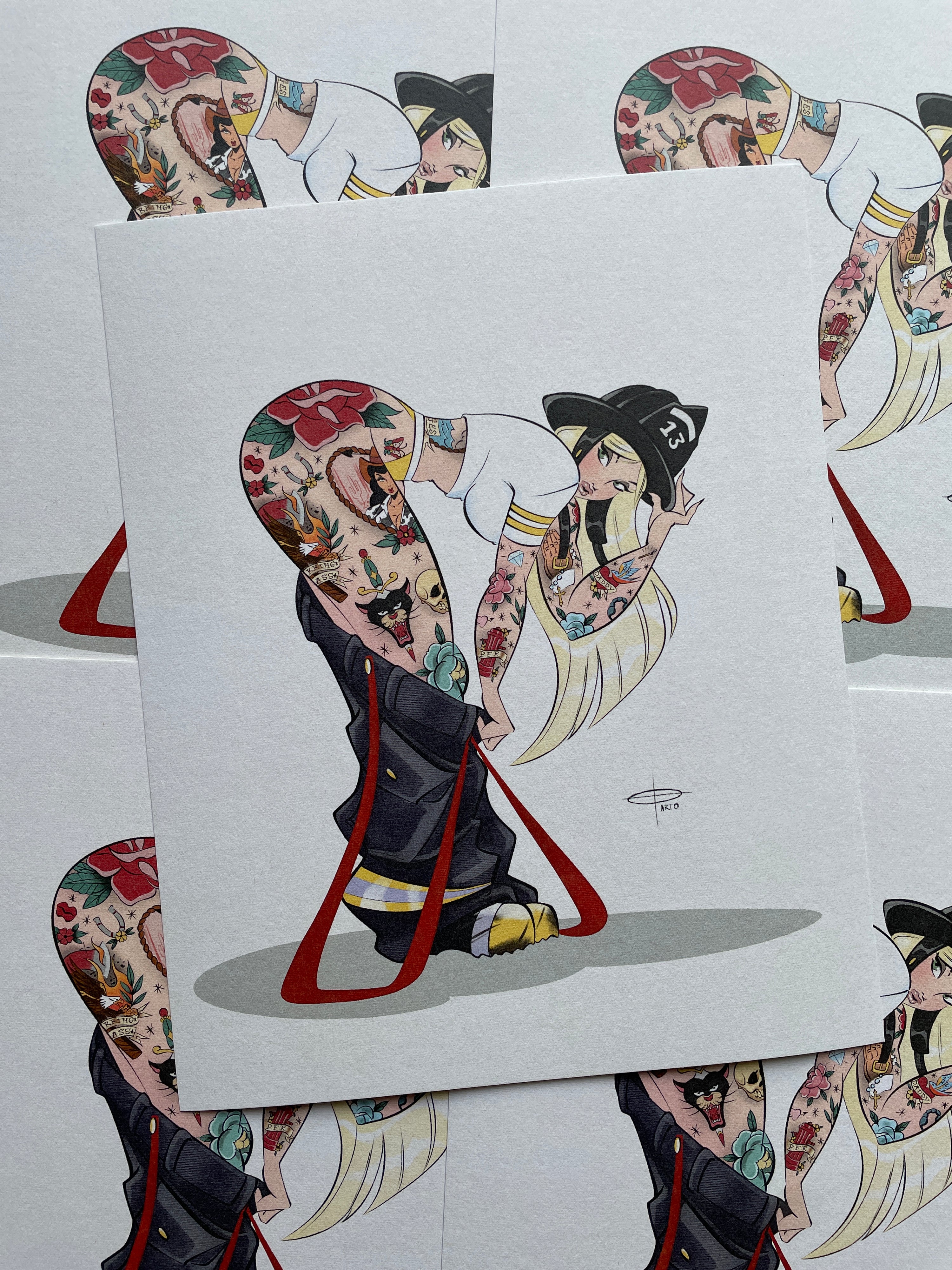 tattooed firefighter cotton print by bloodknotcollective