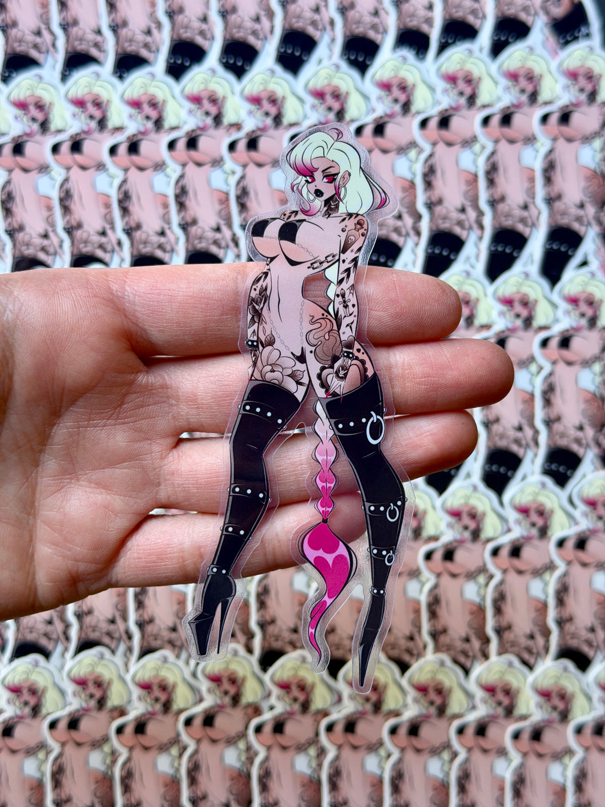 tattooed gothic pinup with yellow and pink hair vinyl clear sticker