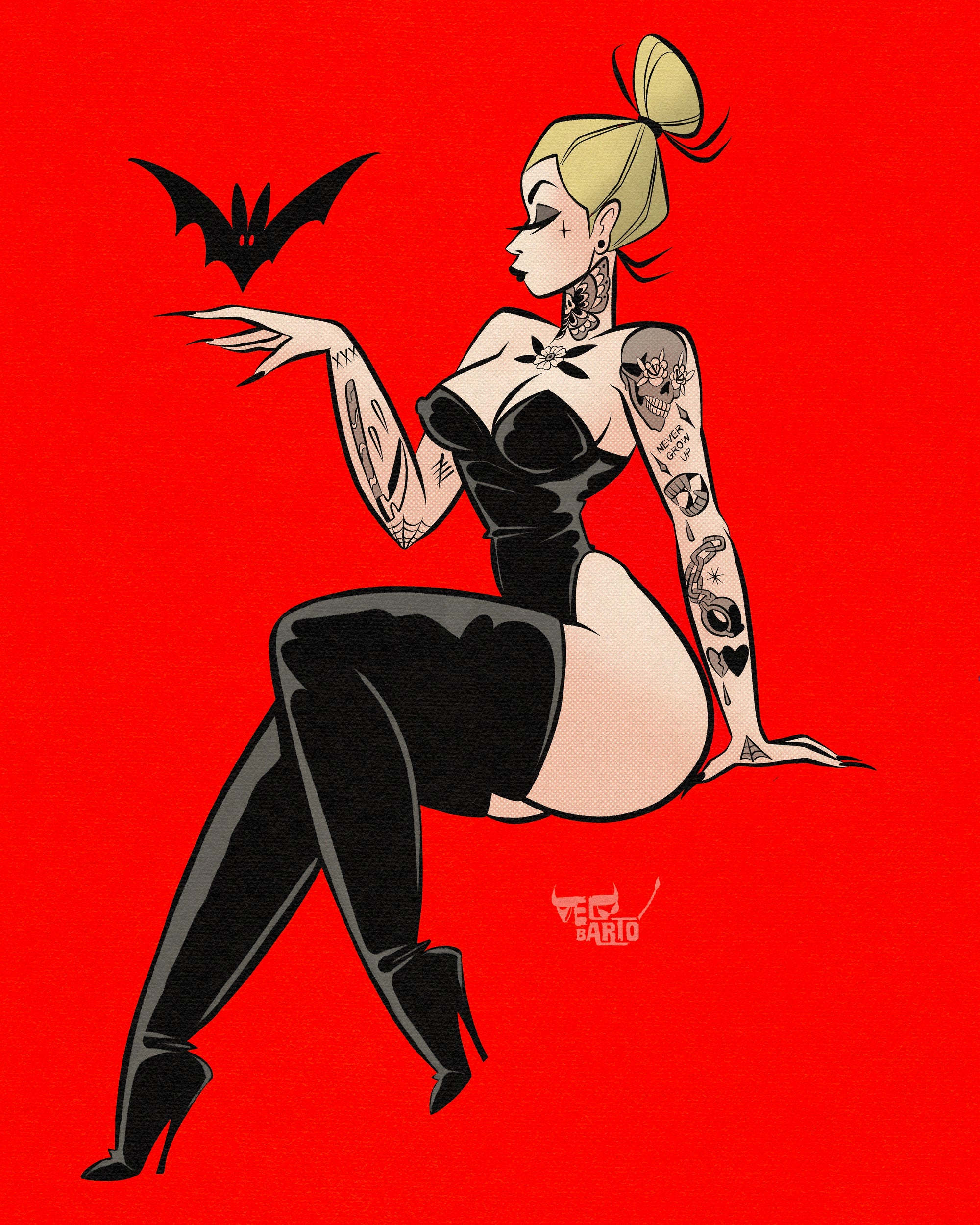 friendly vampire print with tattooed woman vampire with bat.