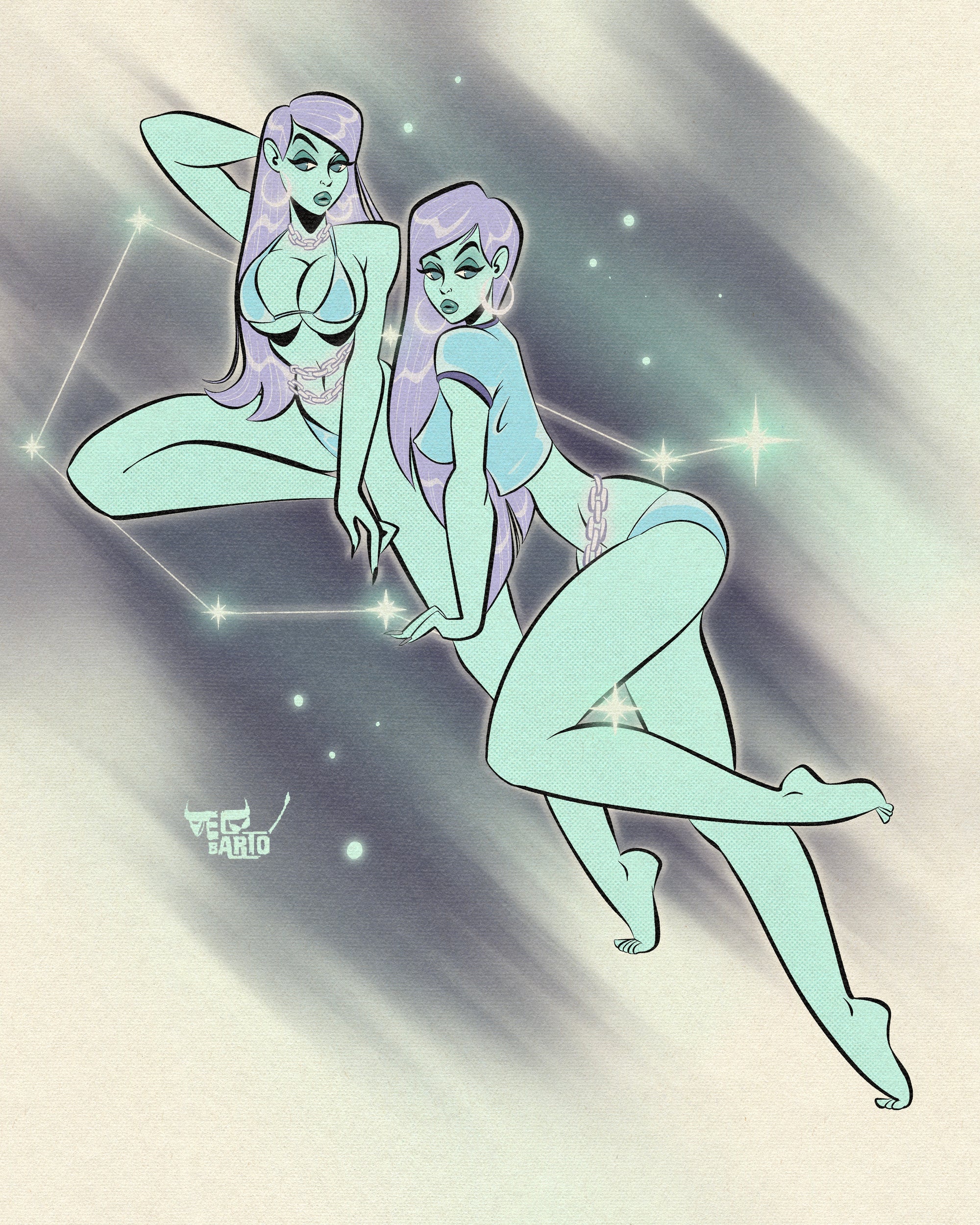 Gemini print of two woman and stars by bloodknotcollective.