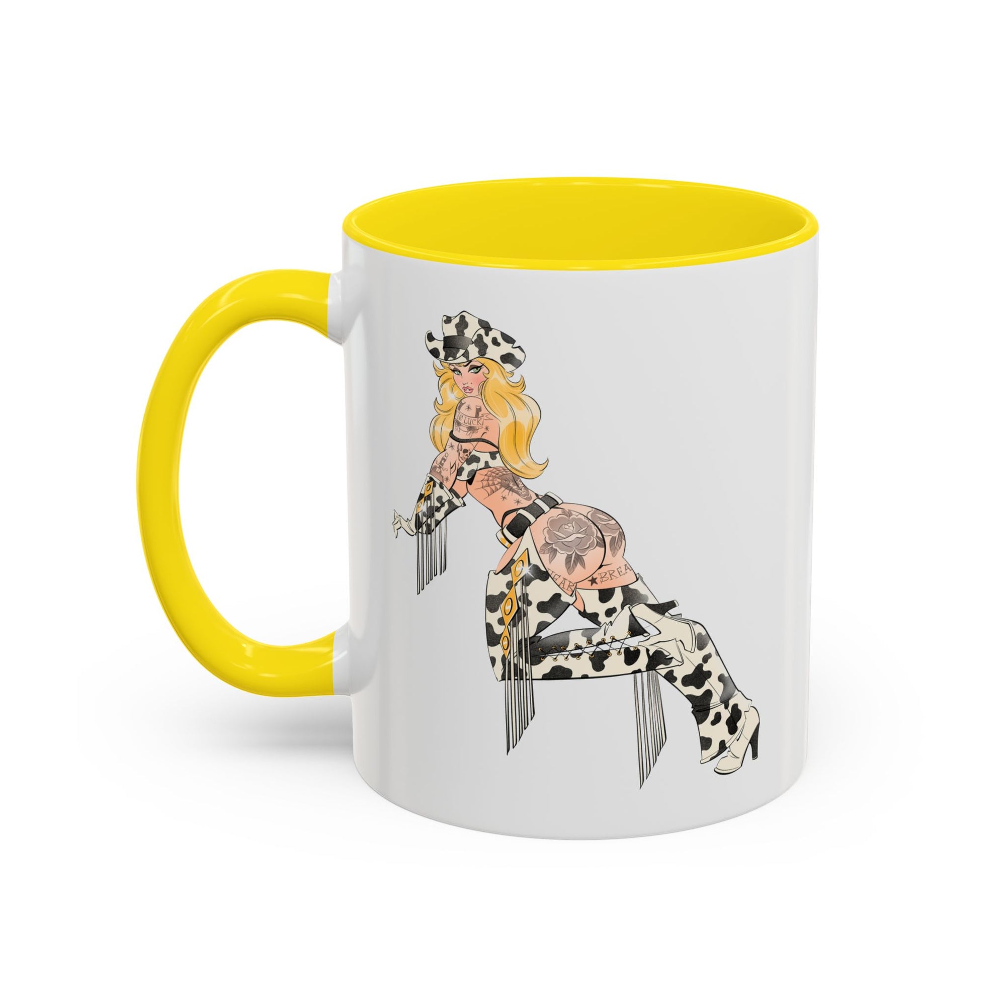 left side of tattooed cowgirl on white and yellow ceramic mug by bloodknotcollective