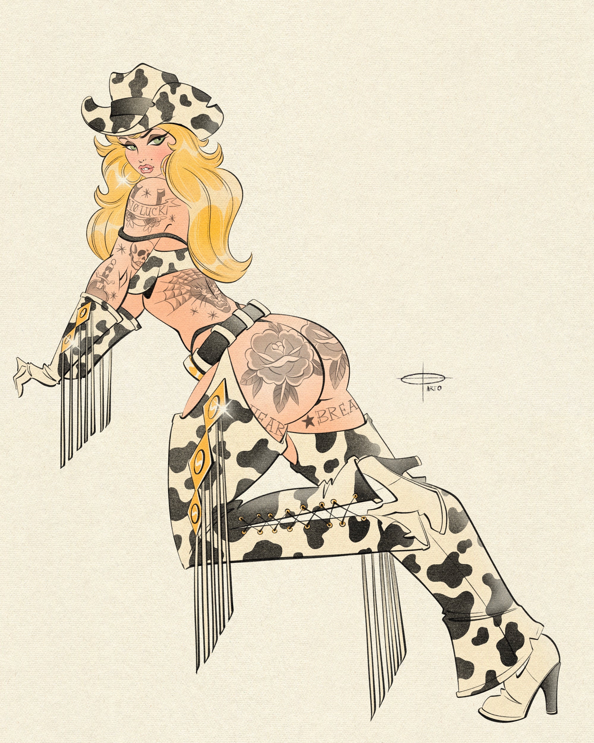 Giddy up print of cowgirl with traditional tattoos by Bloodknotcollective