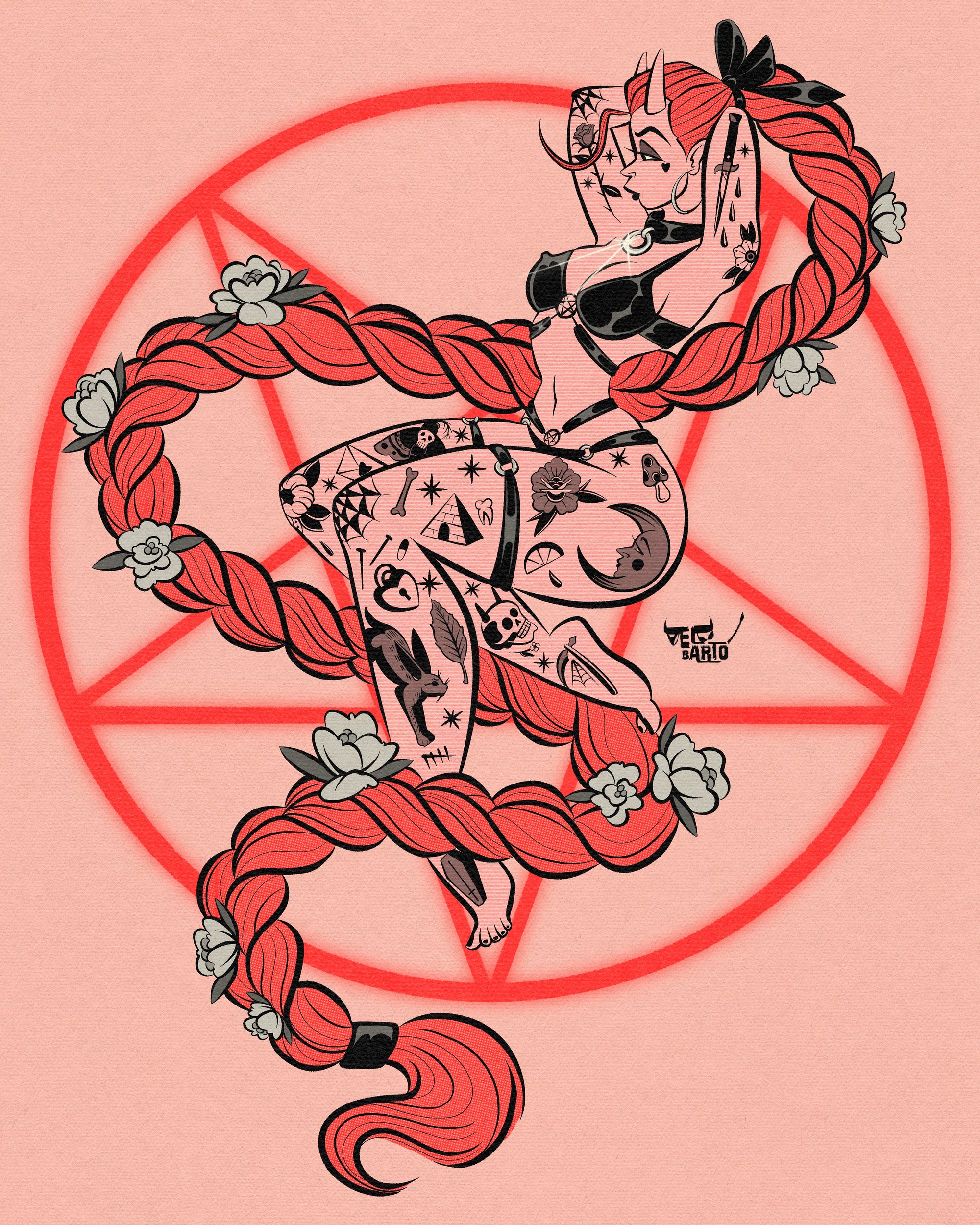 girl and pentagram print with pink devil woman with tattoos and pentagram. 